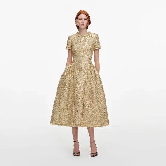 Self Portrait Gold Sequin Boucle Midi Kleid Gold