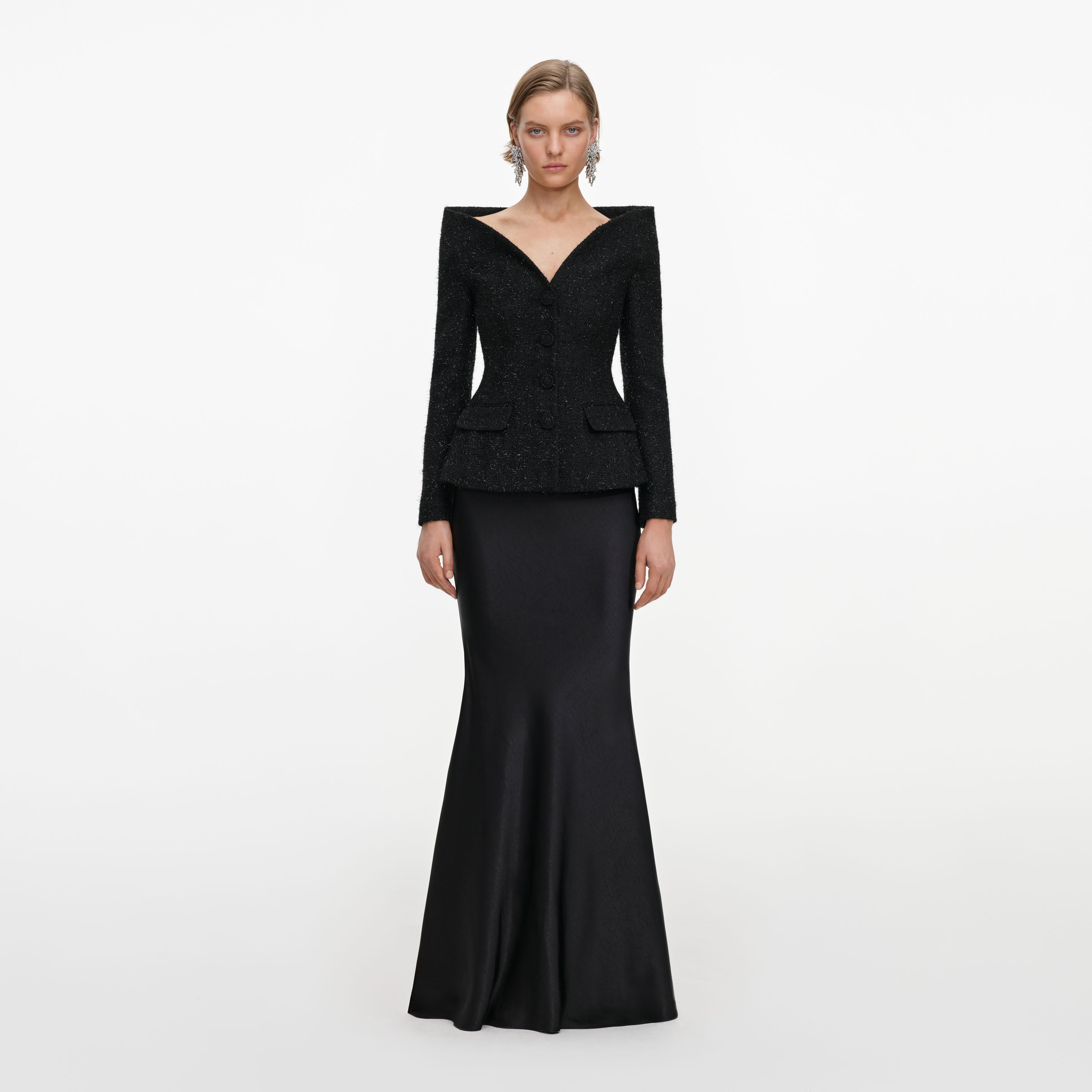 Self-Portrait Black Metallic Boucle Maxikleid Schwarz Satin