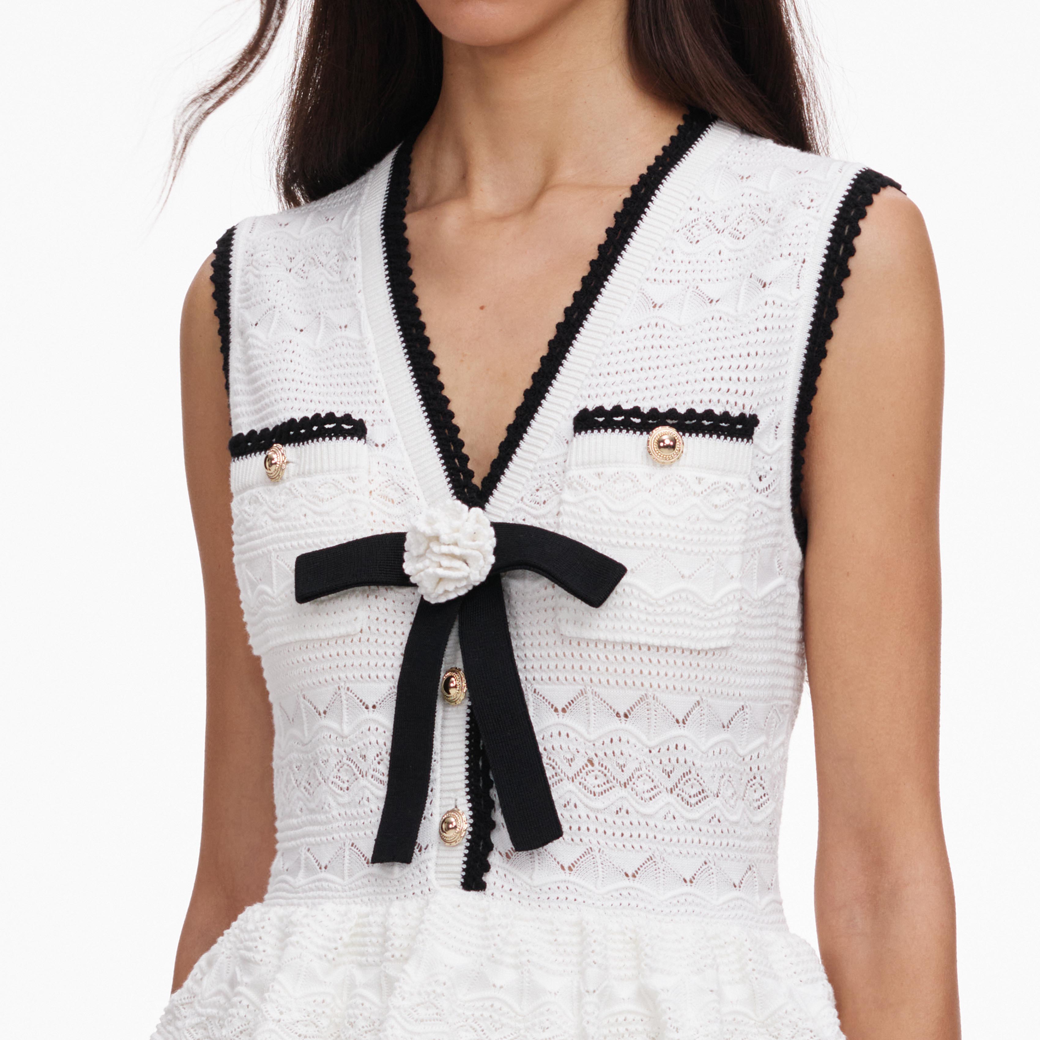 Self Portrait White Peplum Pointelle Knit Mini Kleid S Stretch