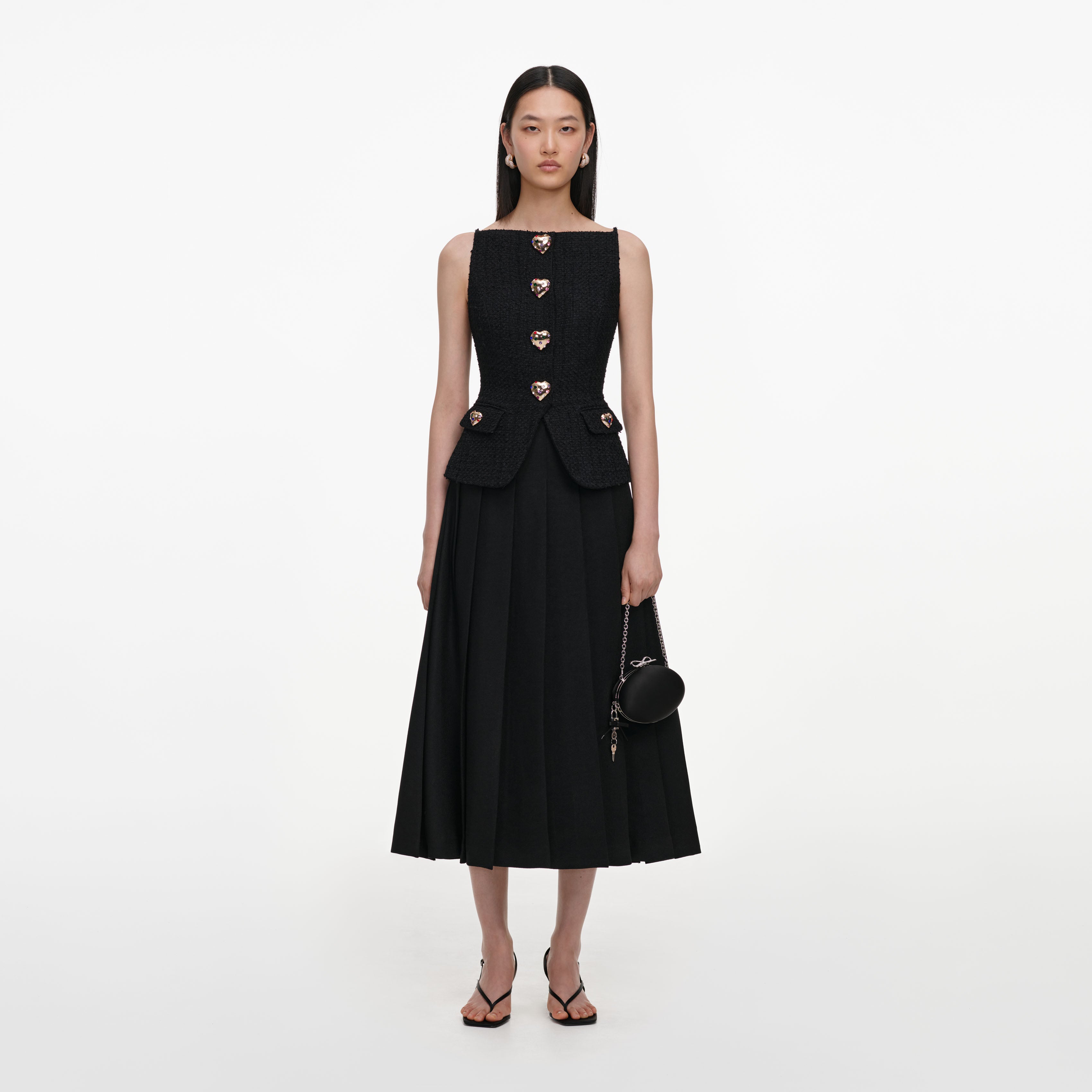 Self Portrait Black Boucle Crepe Midi Kleid Schwarz Knopf