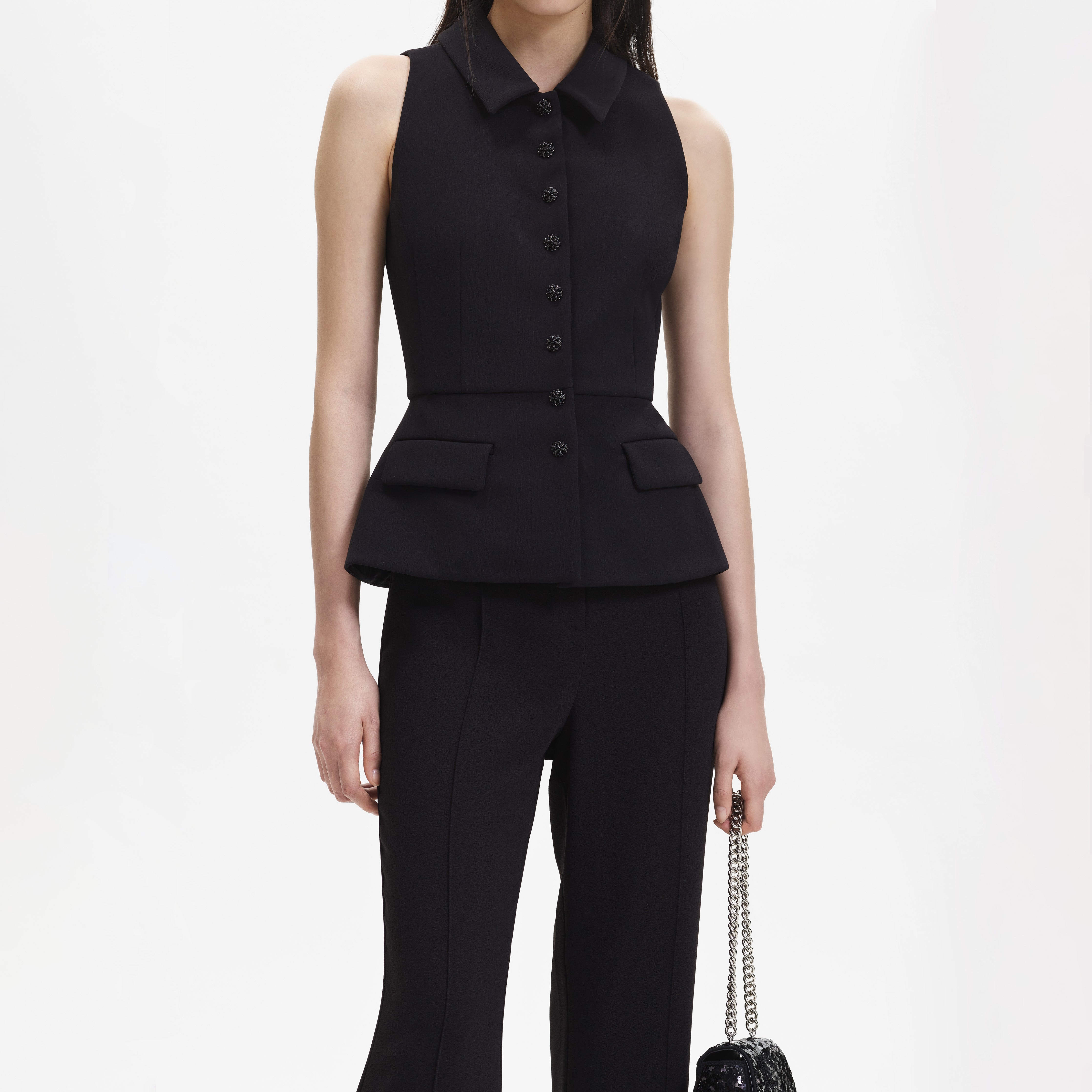 Self-Portrait Black Tailored Jumpsuit Schwarz Crepe Kragen