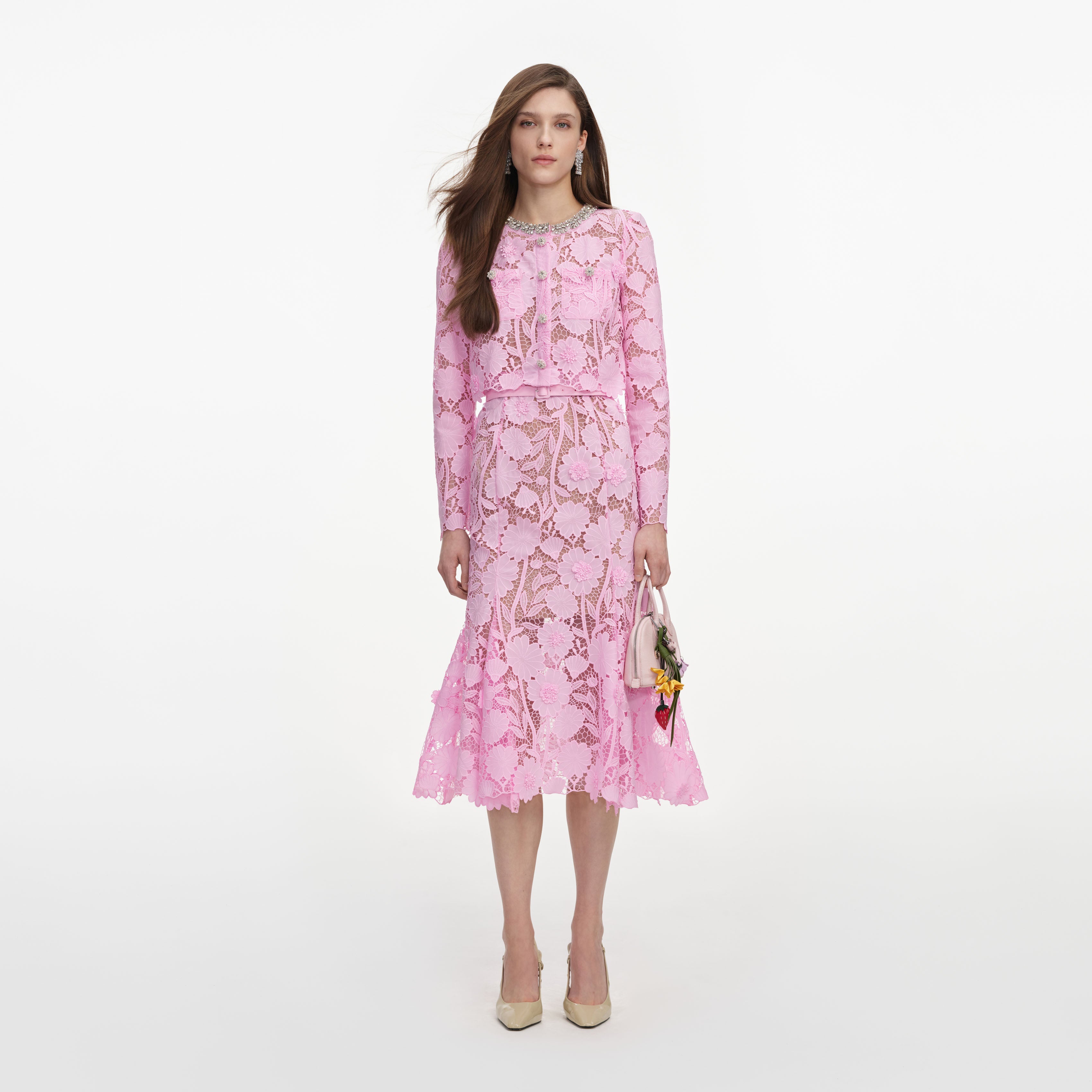 Self Portrait Pink Lace Crystal Midi Kleid Rosa Spitze Kristall
