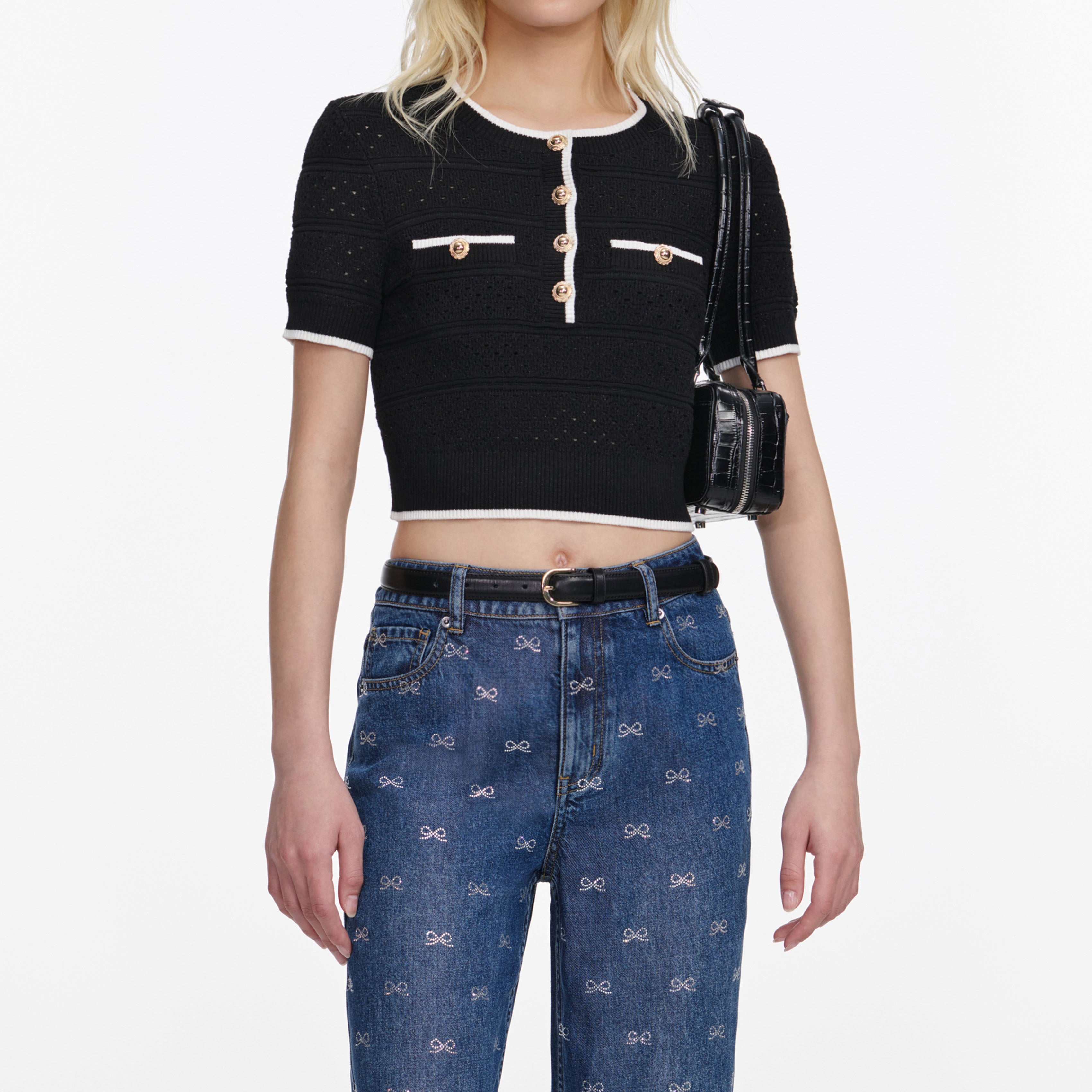 Self Portrait Black Pointelle Knit Top Crop Top Schwarz
