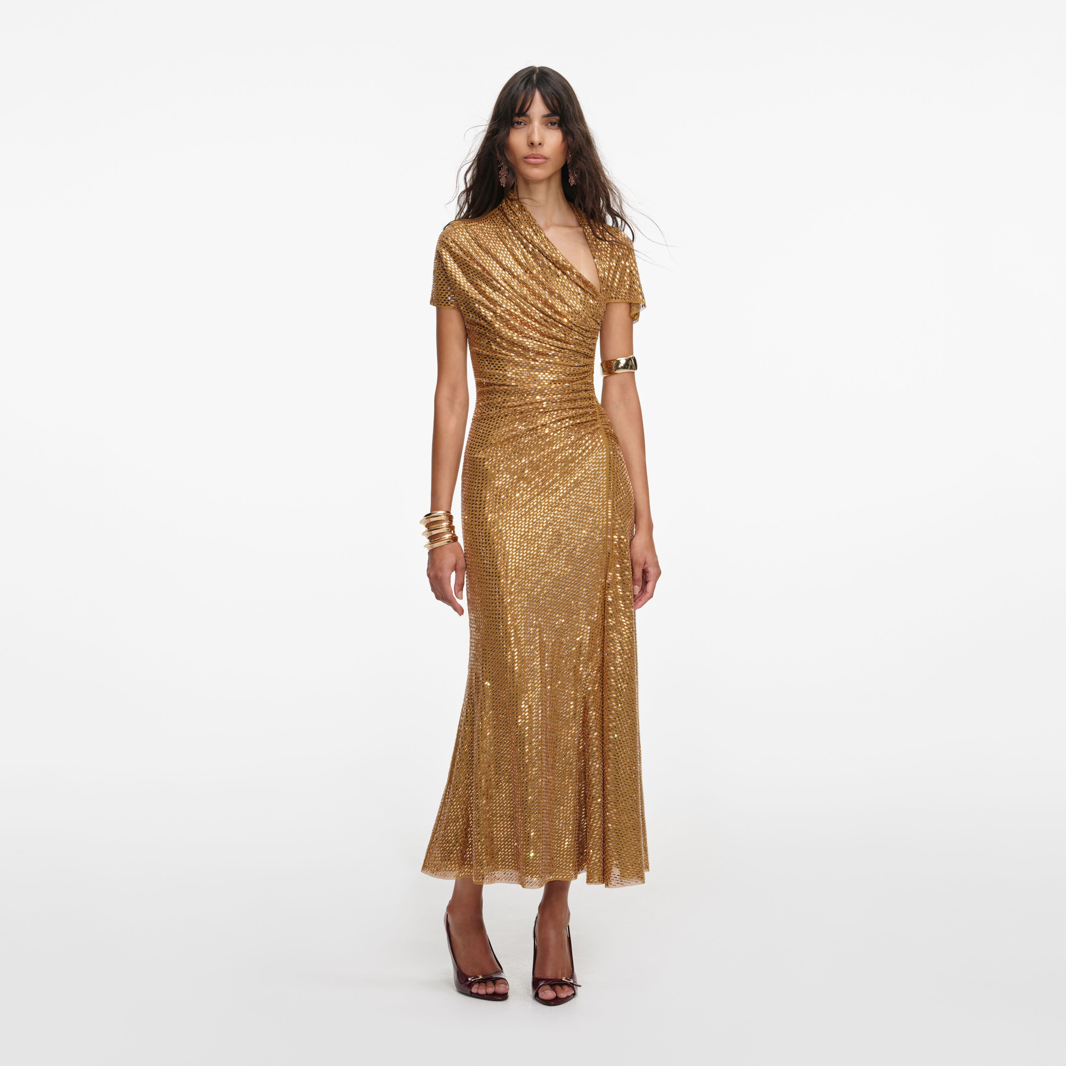 Self Portrait Gold Rhinestone Drape Midi Kleid Gold