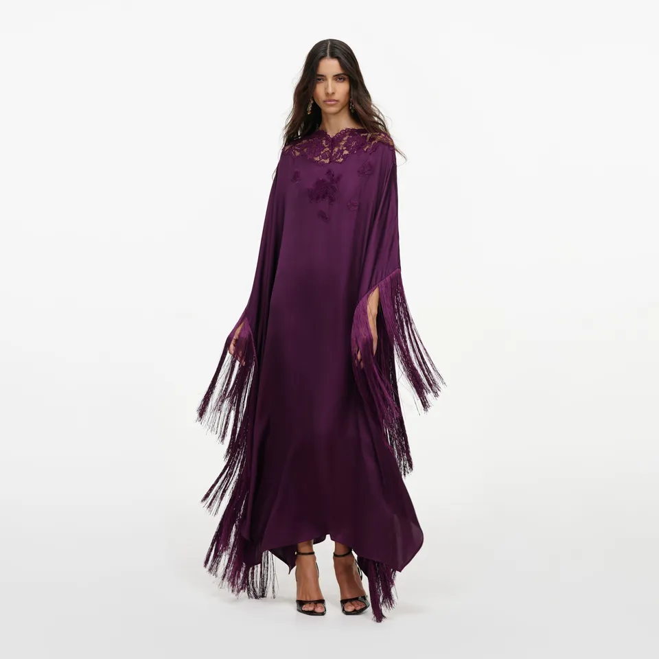 Self Portrait Kaftan Kleid Lila Satin Fransen Gr. S-L