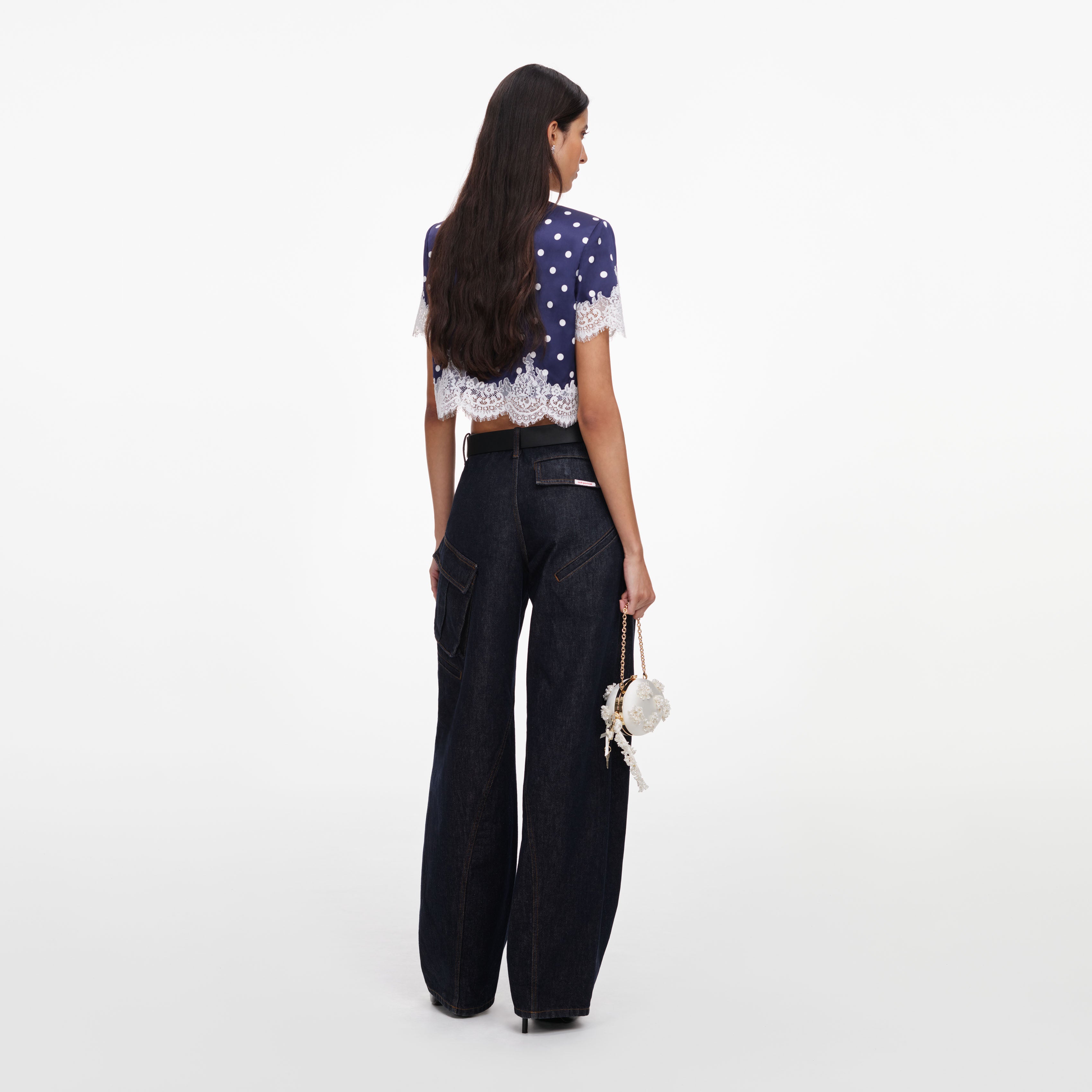 Self Portrait Navy Polka Dot Satin Top blau UK 8