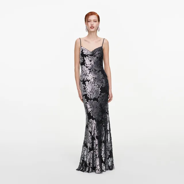 Self Portrait Silver Fil Coupe Maxikleid Silber