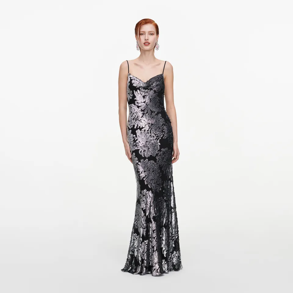 Self Portrait Silver Fil Coupe Maxikleid Silber