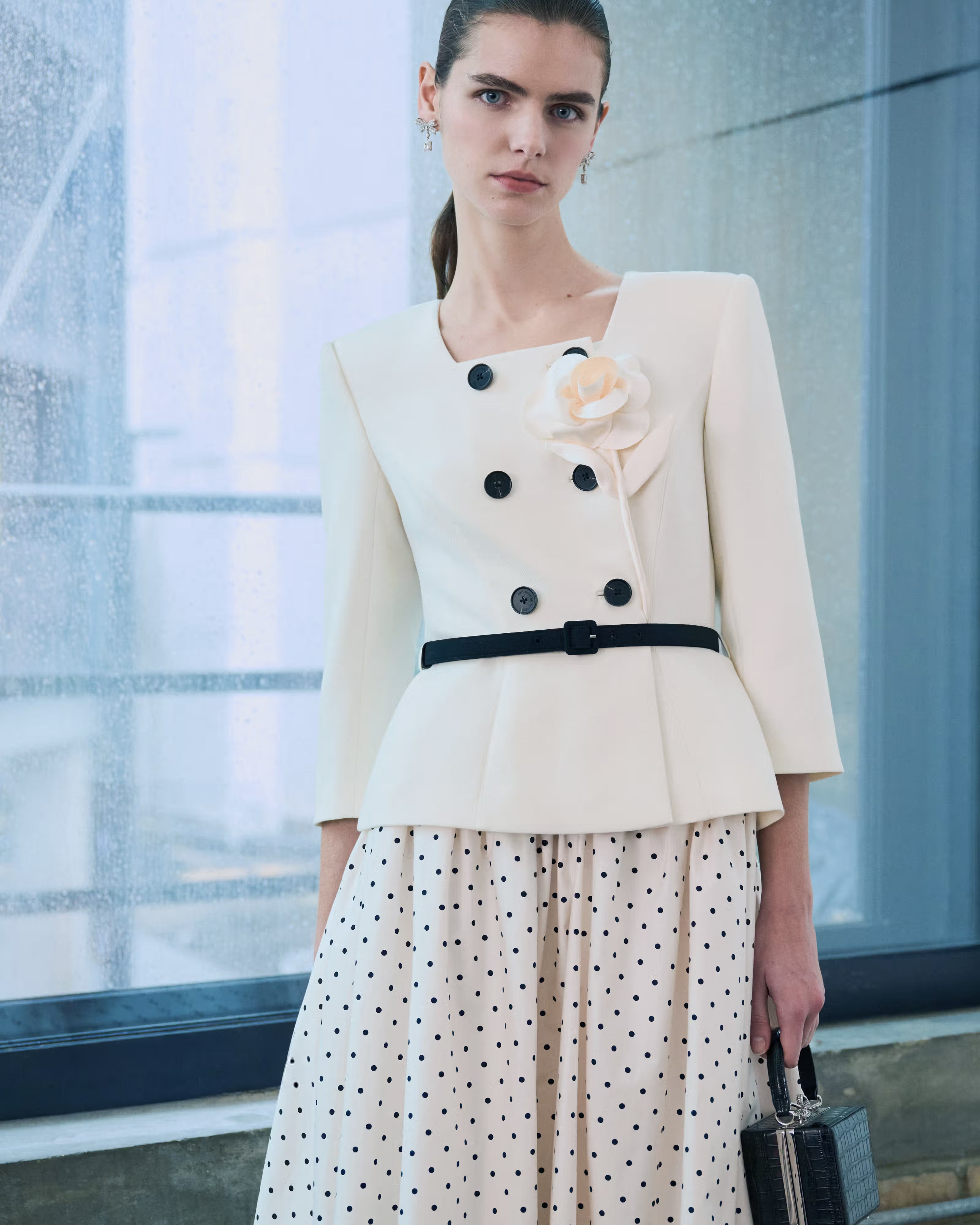 Self Portrait Cream 3D Flower Midi Kleid Creme Punkte