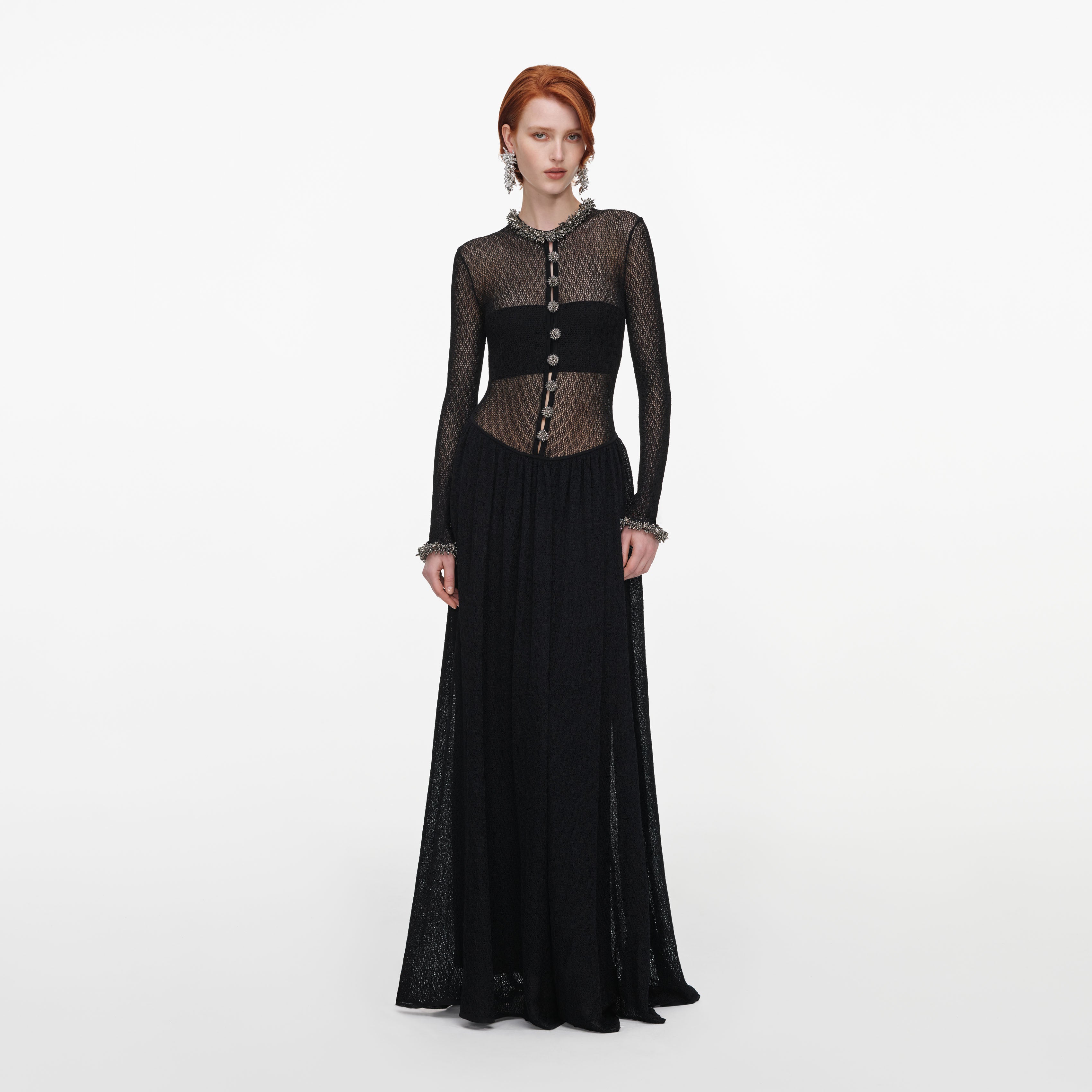 Self Portrait Pointelle Maxi Kleid Schwarz Strass Strick