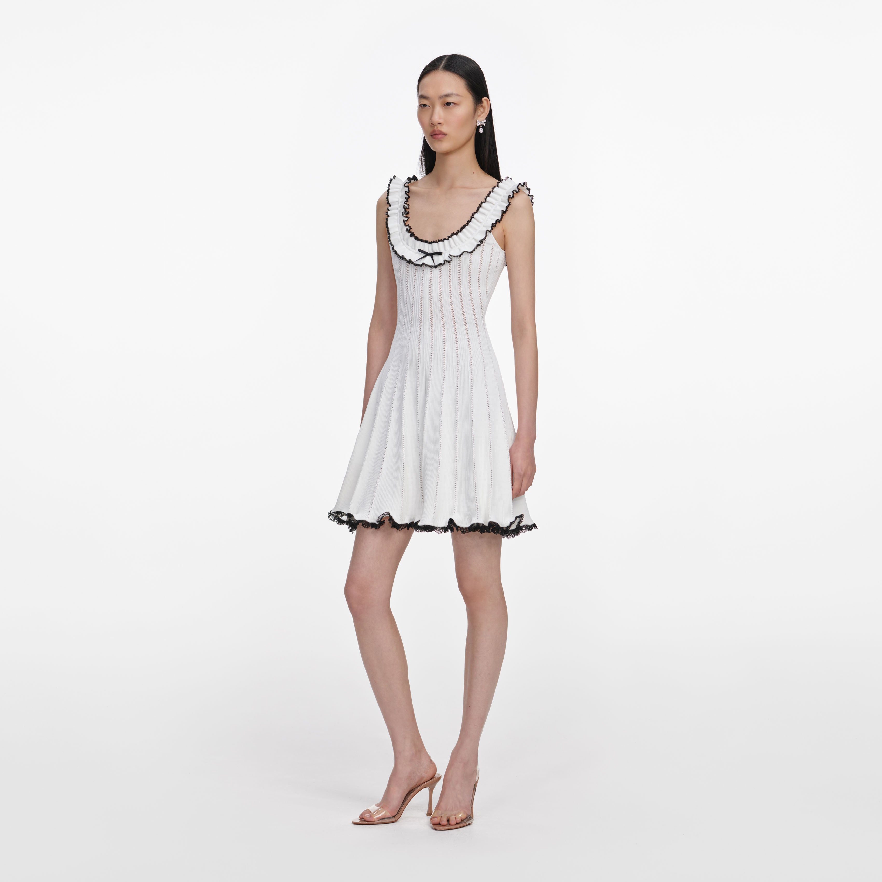 Self Portrait White Contrast Trim Knit Minikleid Strick Weiss