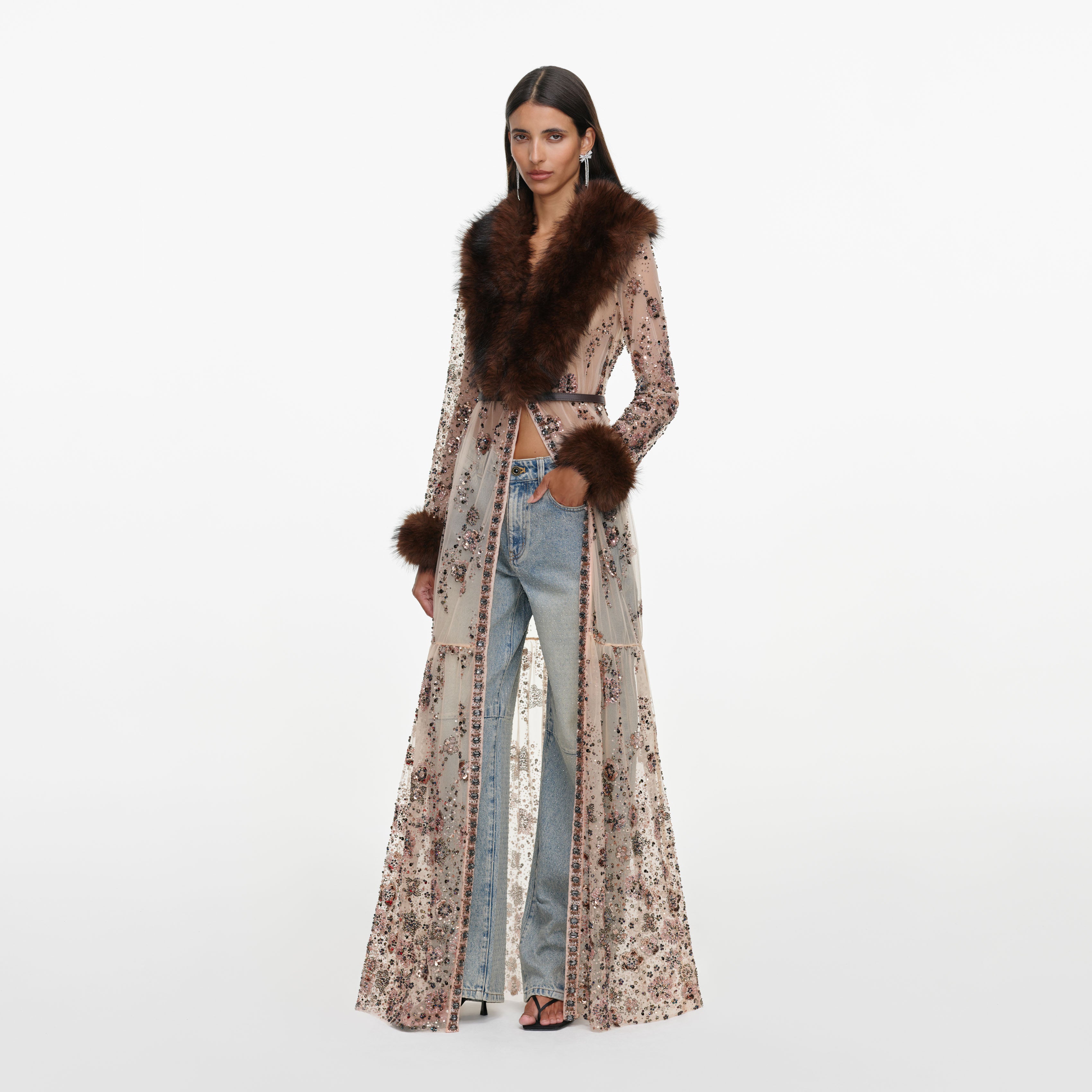 Self Portrait Beige Sequin Fur Maxi Kleid Beige Strass