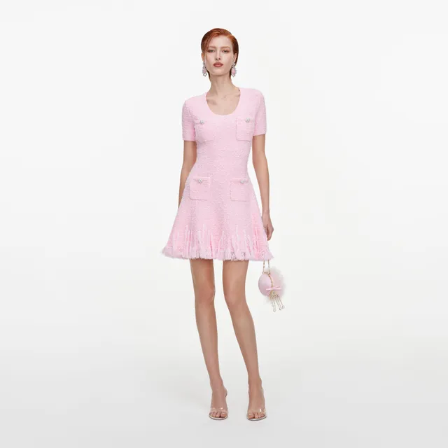Self Portrait Pink Fringe Knit Mini Kleid Rosa Boucle
