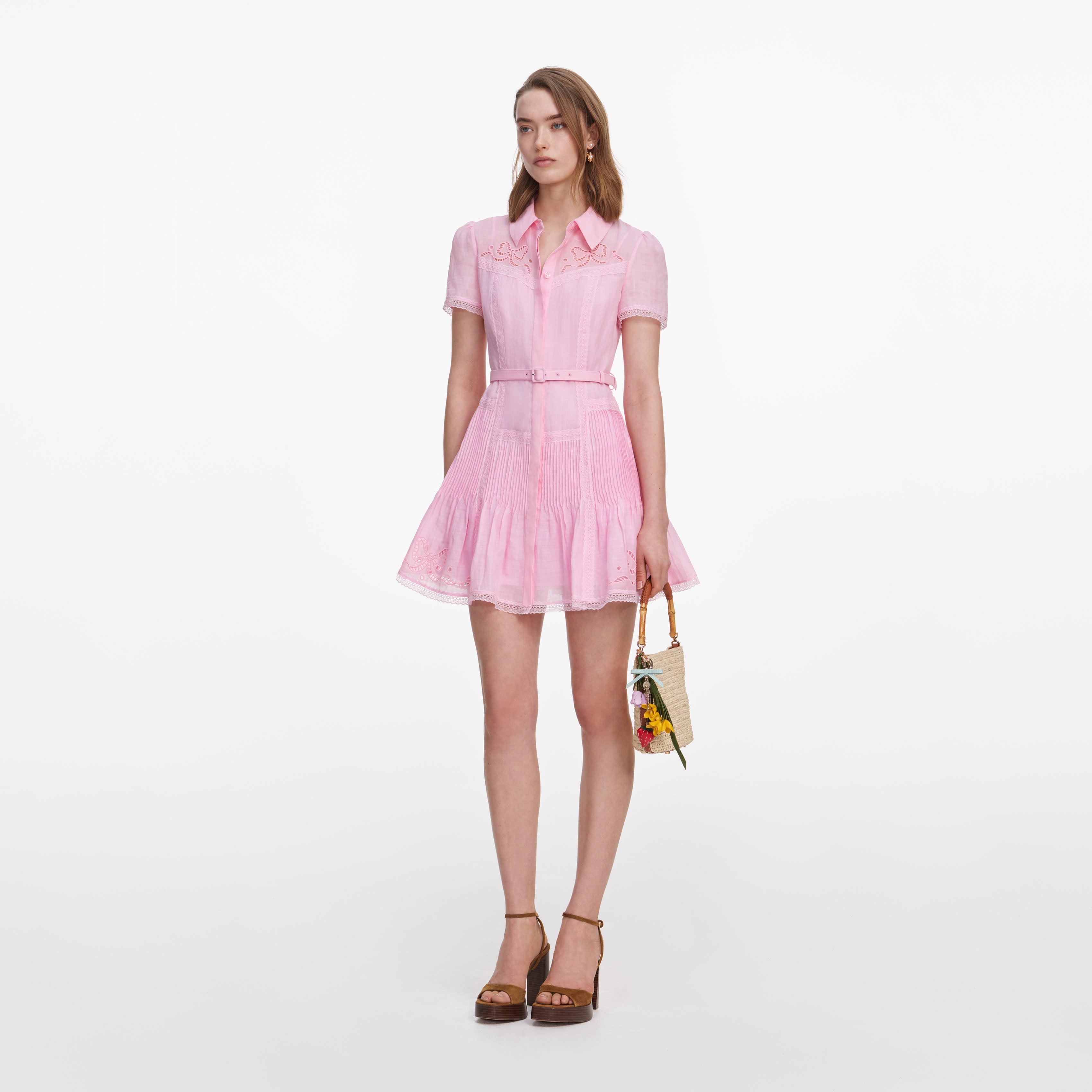 Self Portrait Pink Embroidered Minikleid Rosa UK 6 Leinen