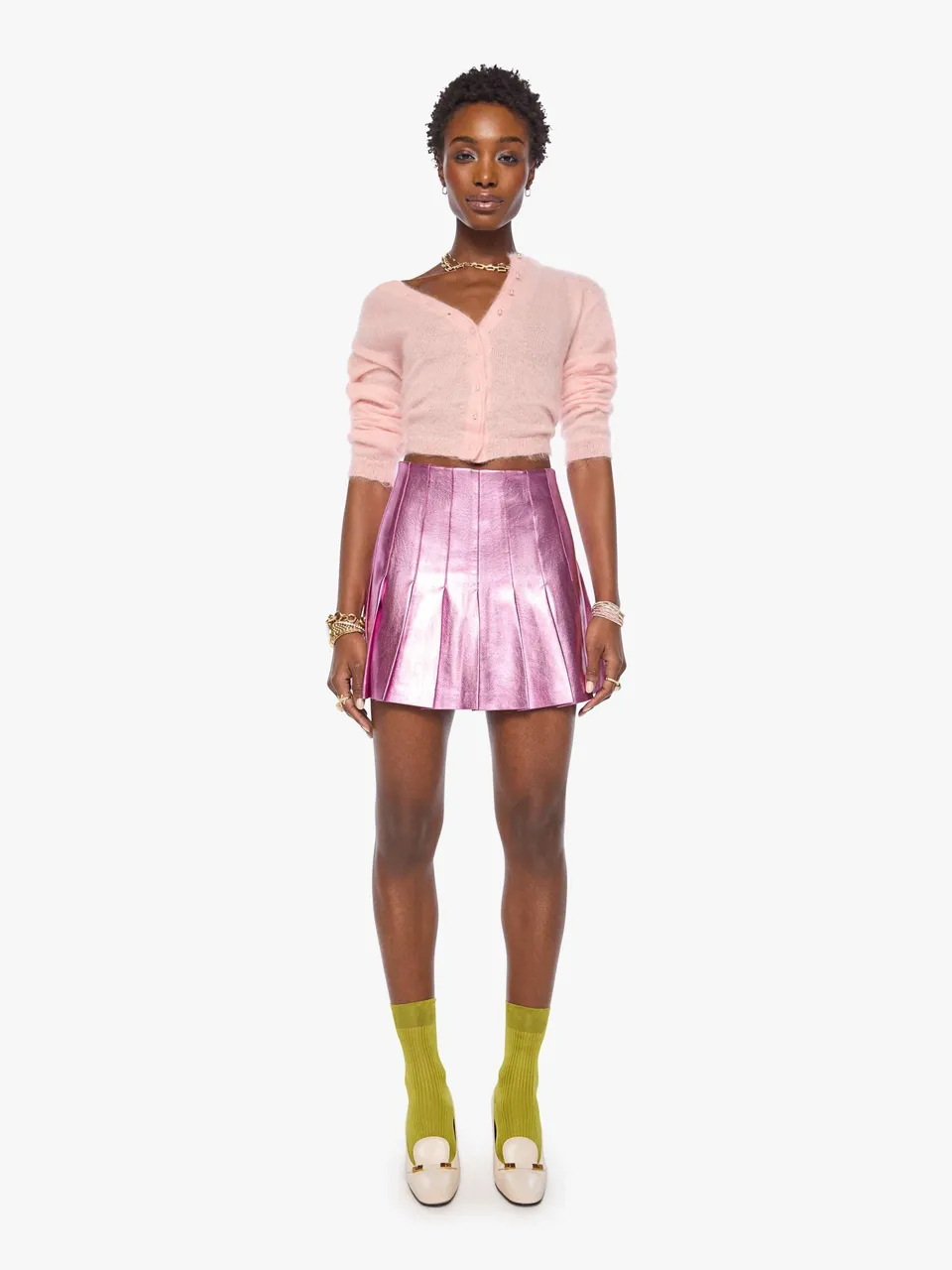 MOTHER Pleated Mini Skirt Rock Hoop Earrings Rosa