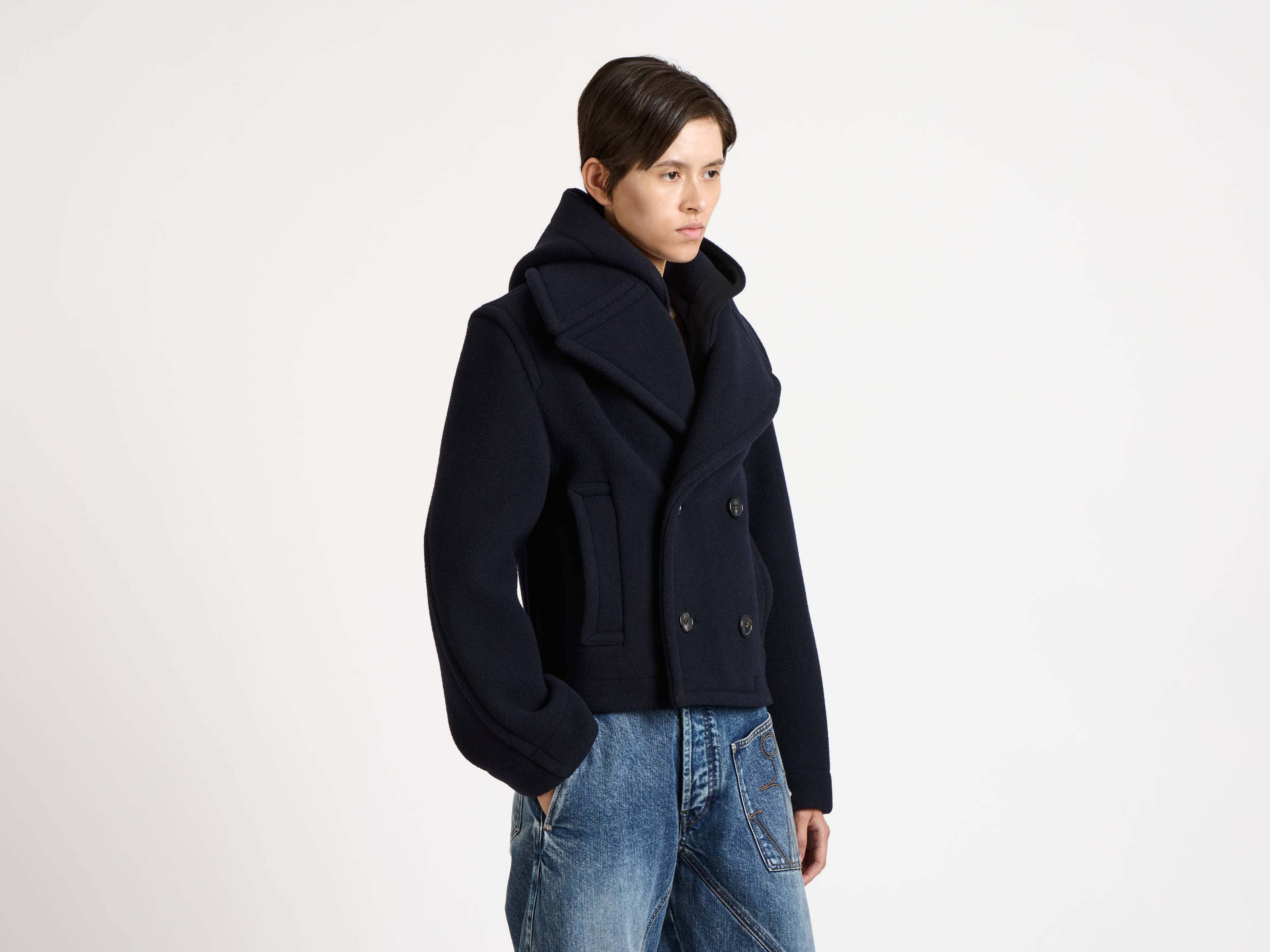J.W. Anderson Cropped Hooded Coat Mantel Navy Wolle