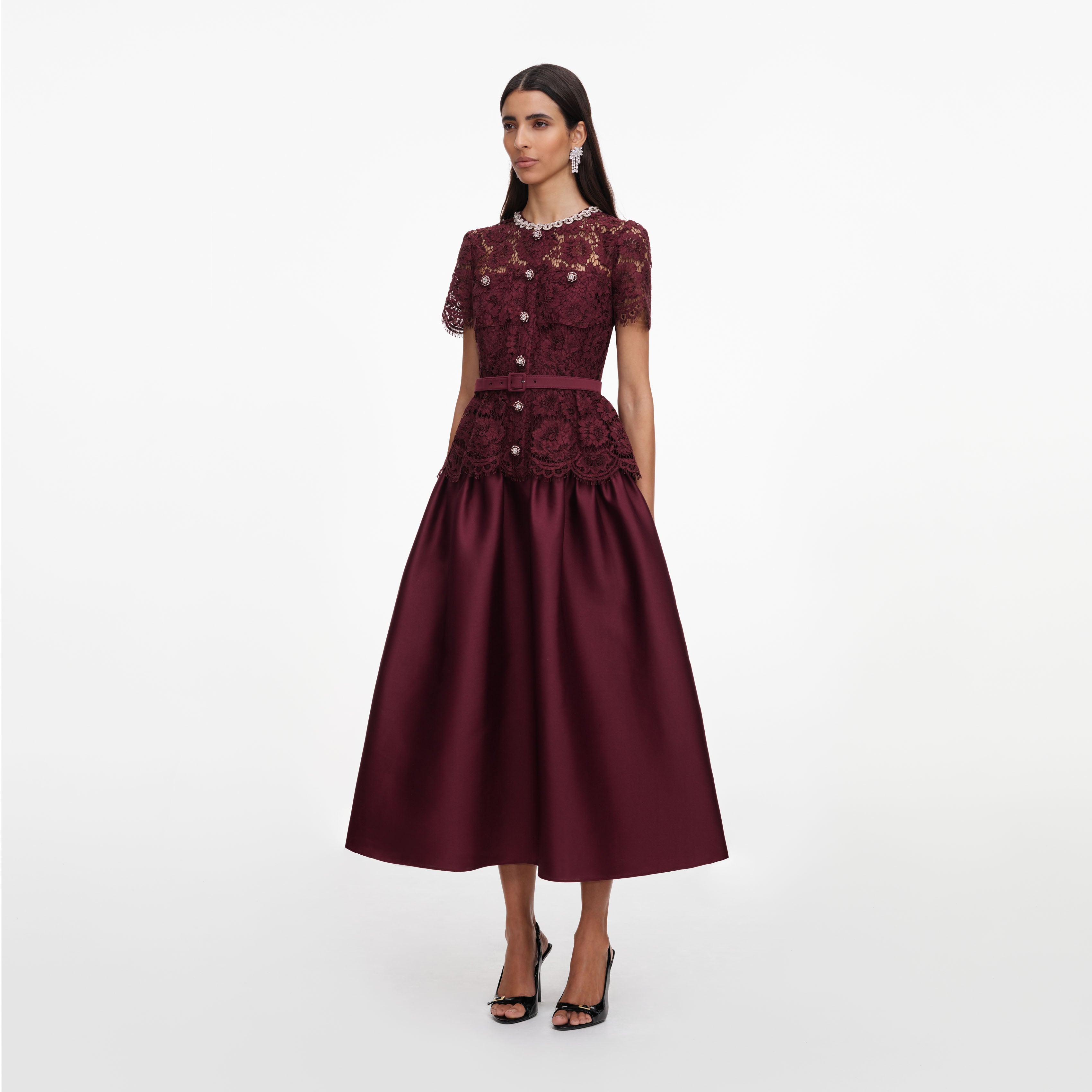 Self Portrait Burgundy Lace Taffeta Midi Kleid Bordeaux