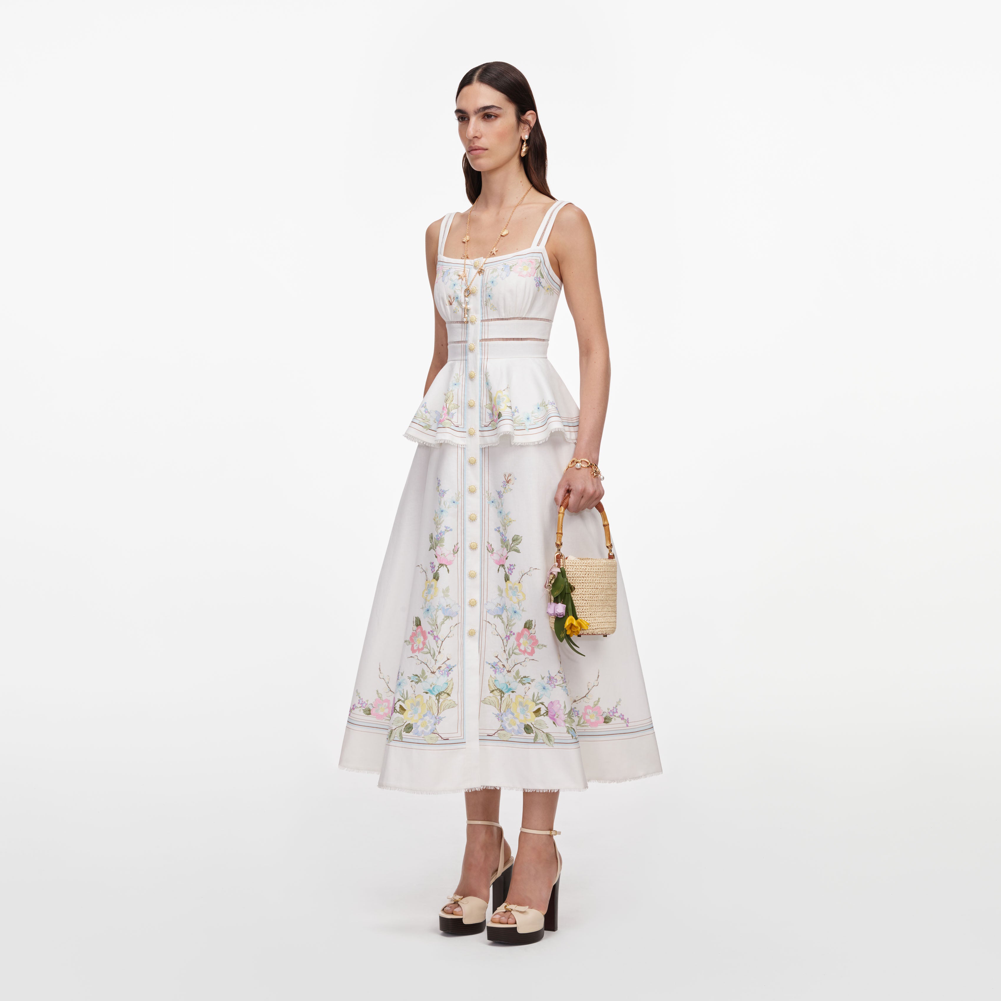 Self Portrait White Floral Linen Peplum Midikleid Weiß UK 4-16