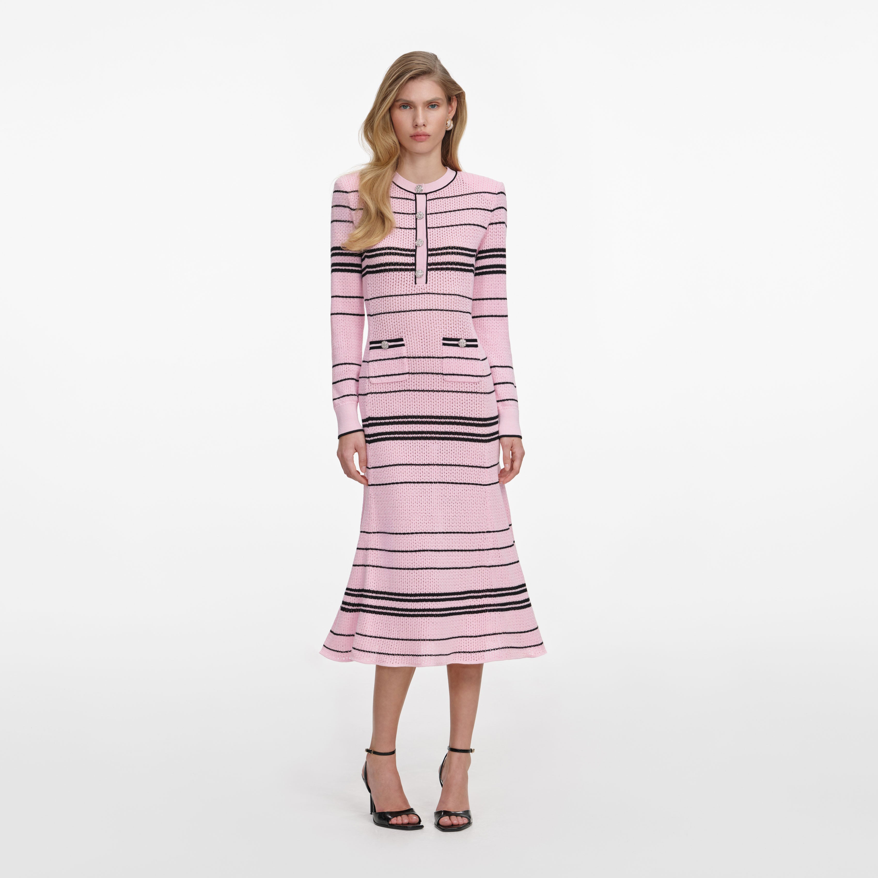 Self-Portrait Pink Stripe Knit Midi Kleid rosa gestreift