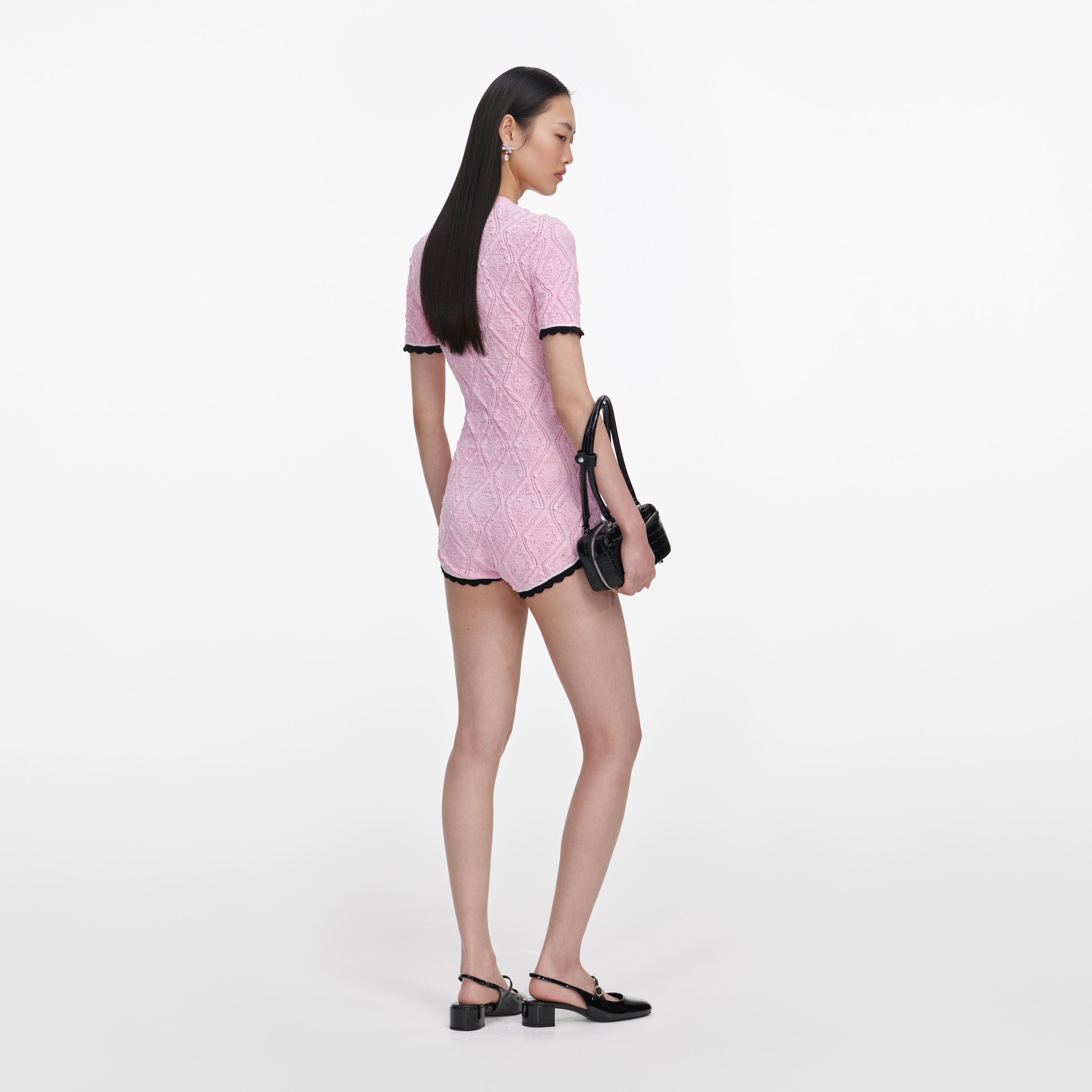 Self Portrait Pointelle Playsuit Rosa Strick Stickerei