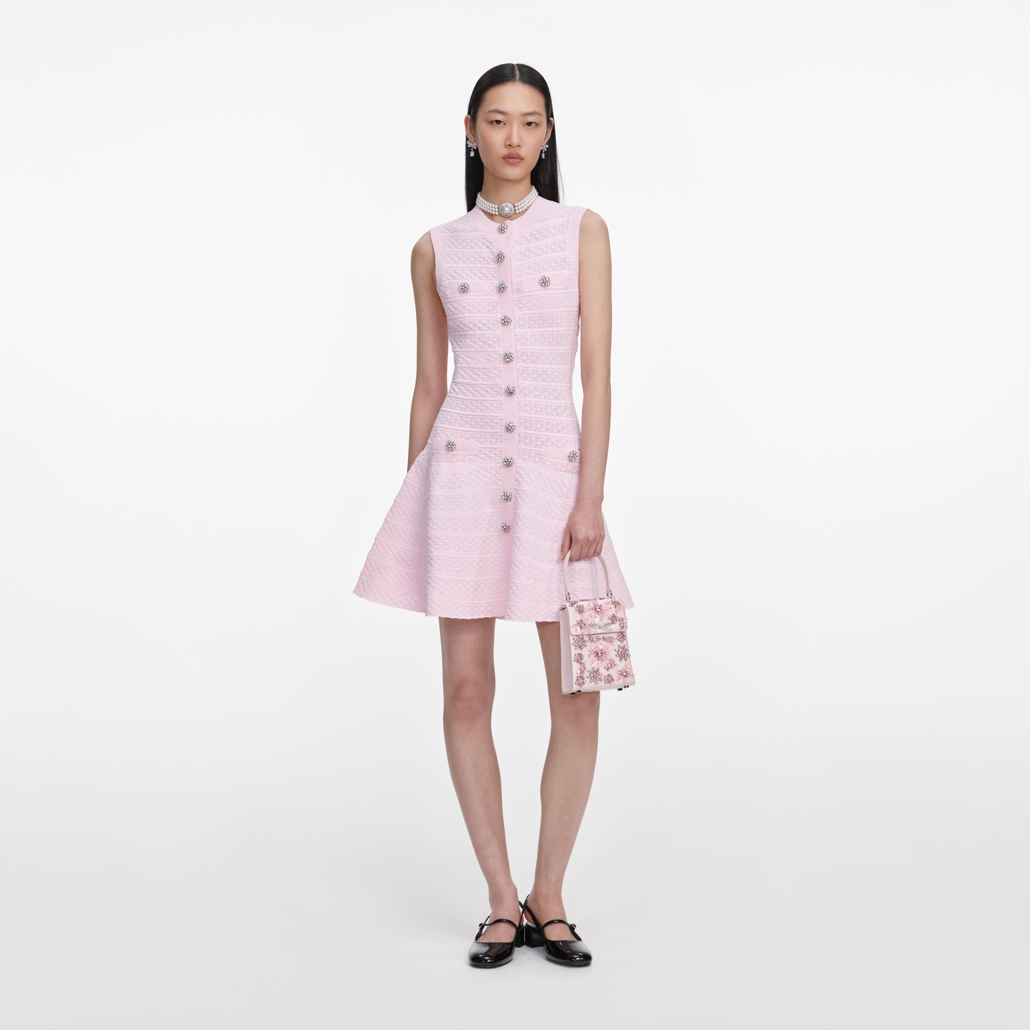 Self Portrait Pink Pointelle Diamante Knit Mini Kleid Rosa