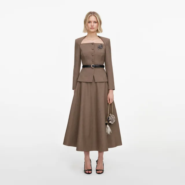 Self Portrait Brown Tailored Twill Midikleid Braun