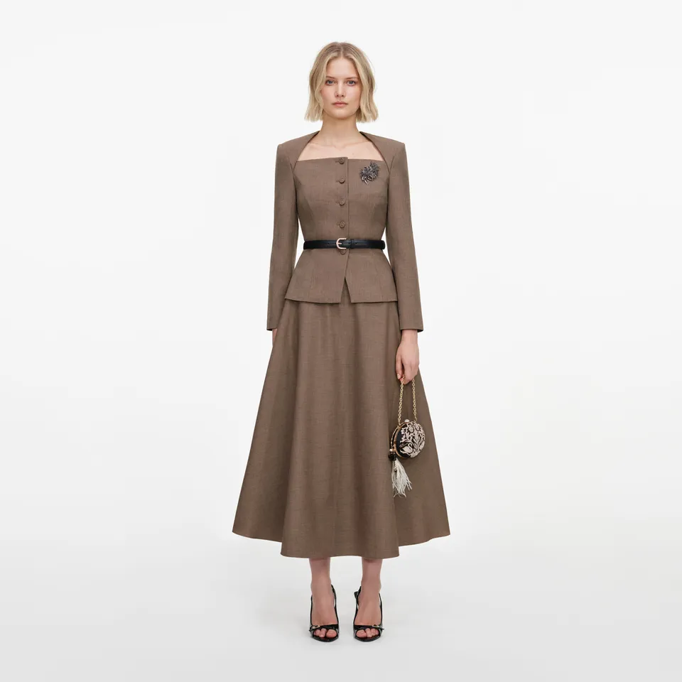 Self Portrait Brown Tailored Twill Midikleid Braun