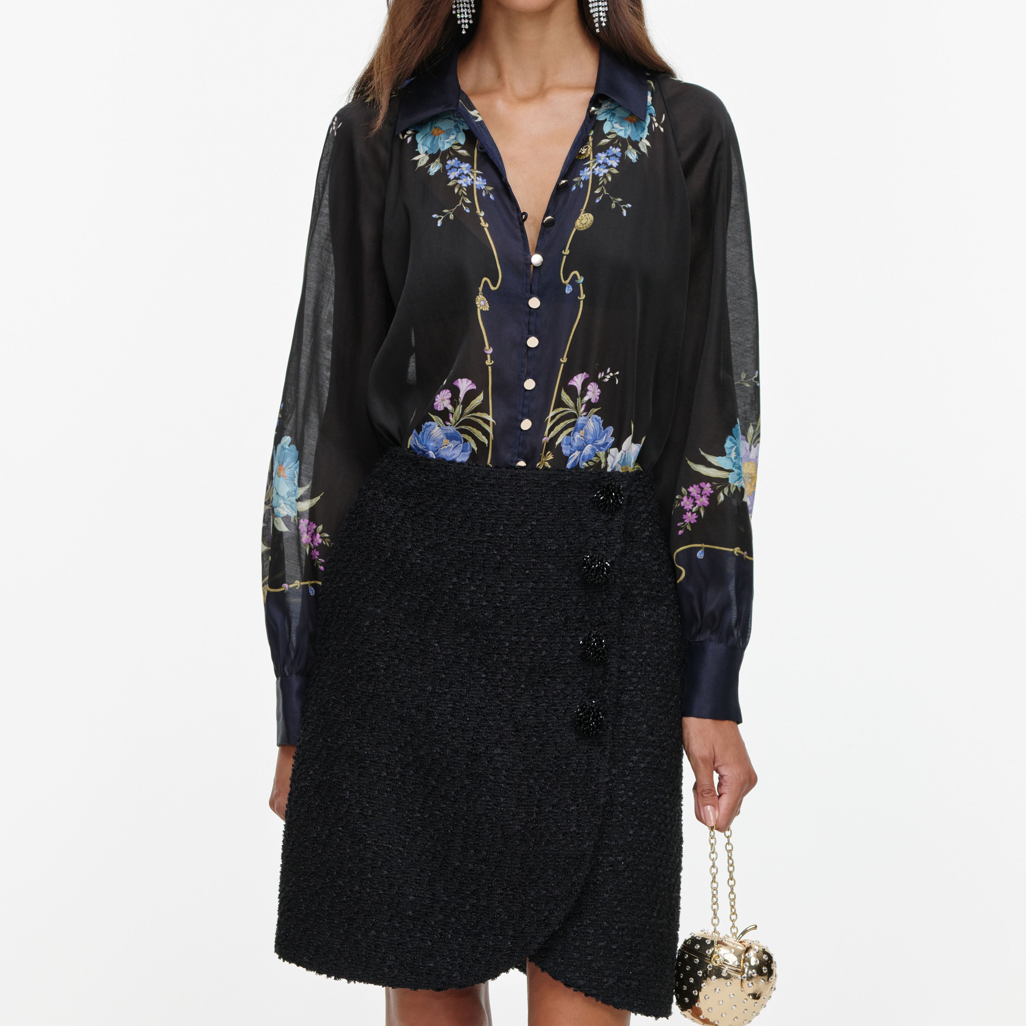 Self Portrait Organza Bluse Navy Floral Kragen Entspannt