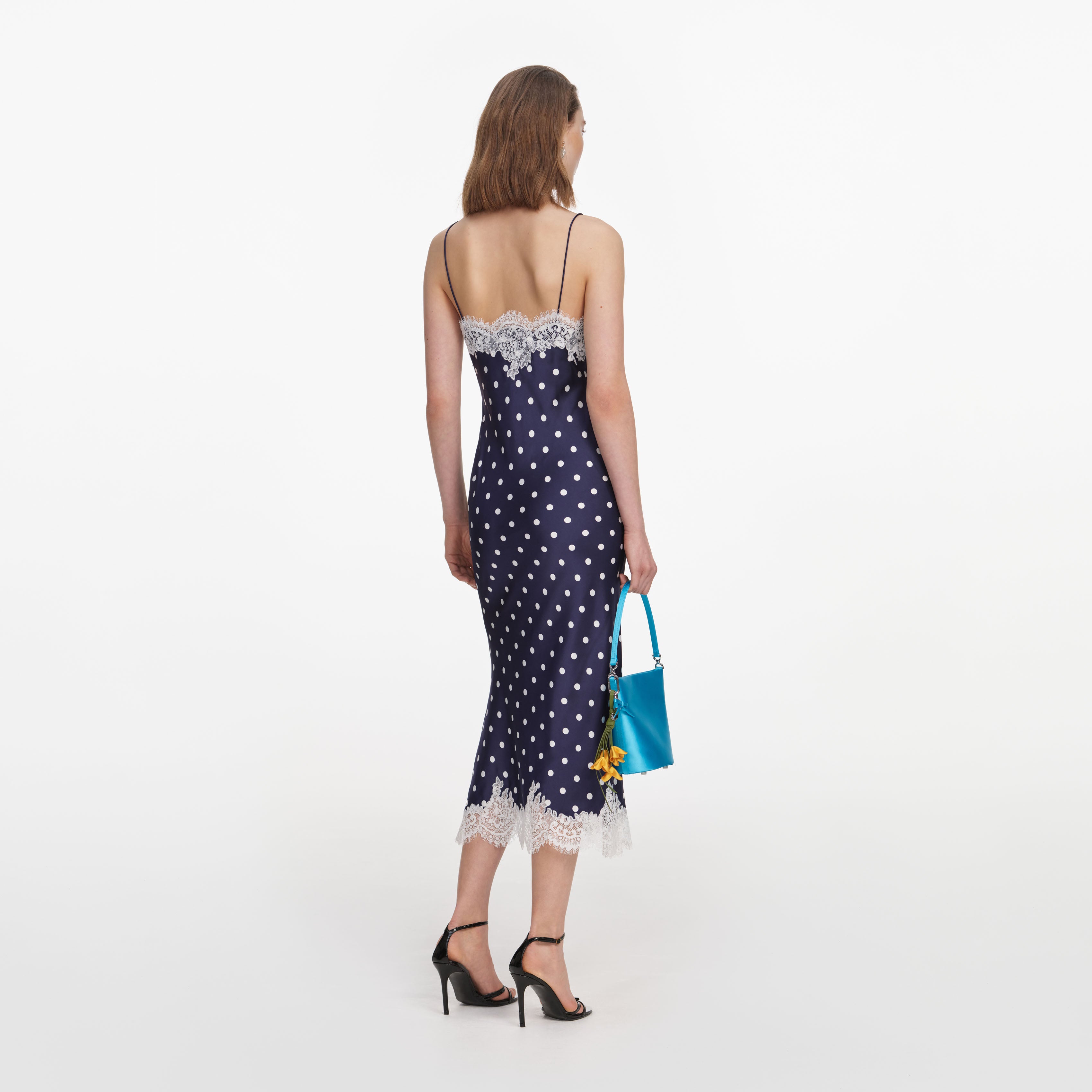 Self Portrait Satin Polka Dot Midi Kleid navy Punkte