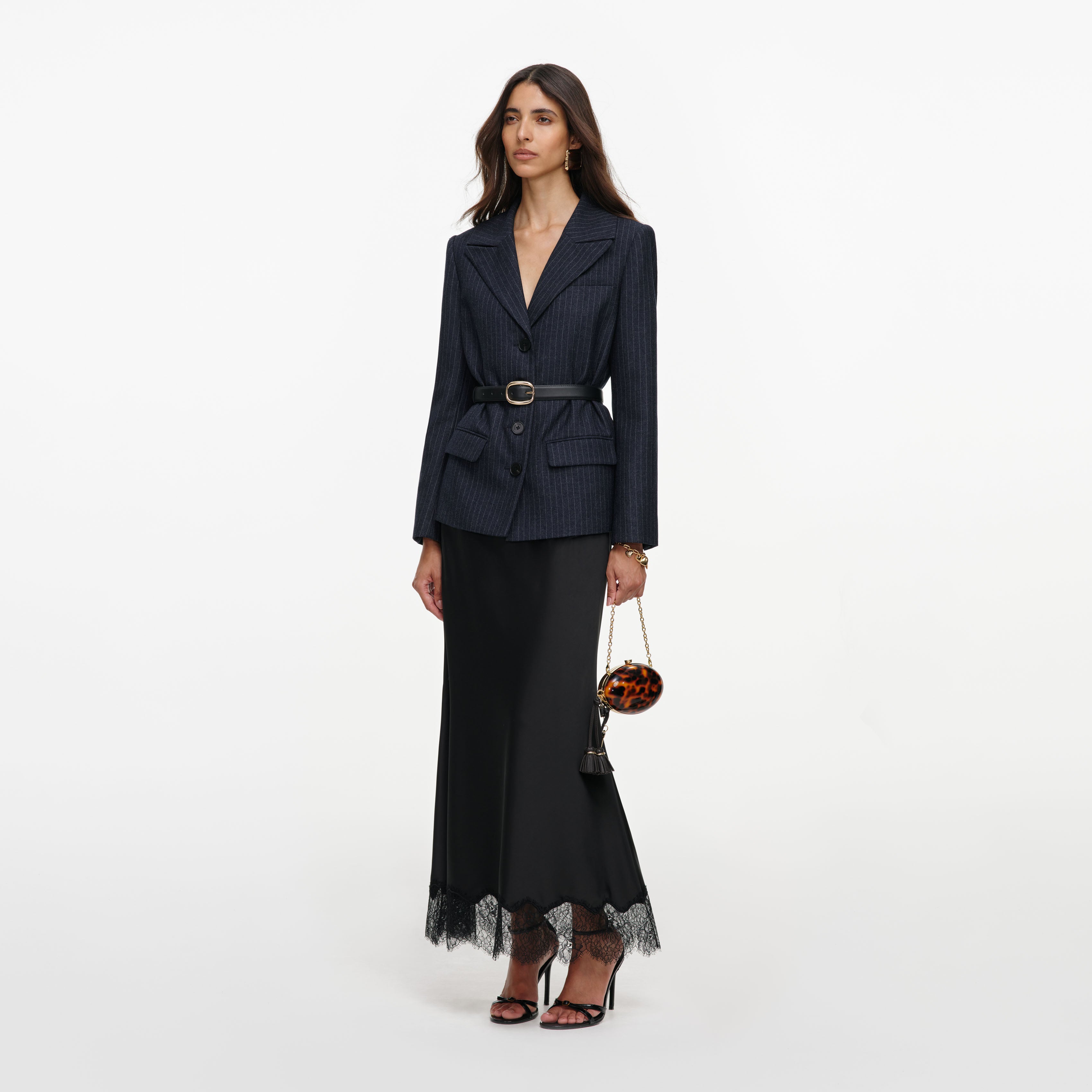 Self Portrait Tailored Blazer Satin Midikleid Grau Wolle