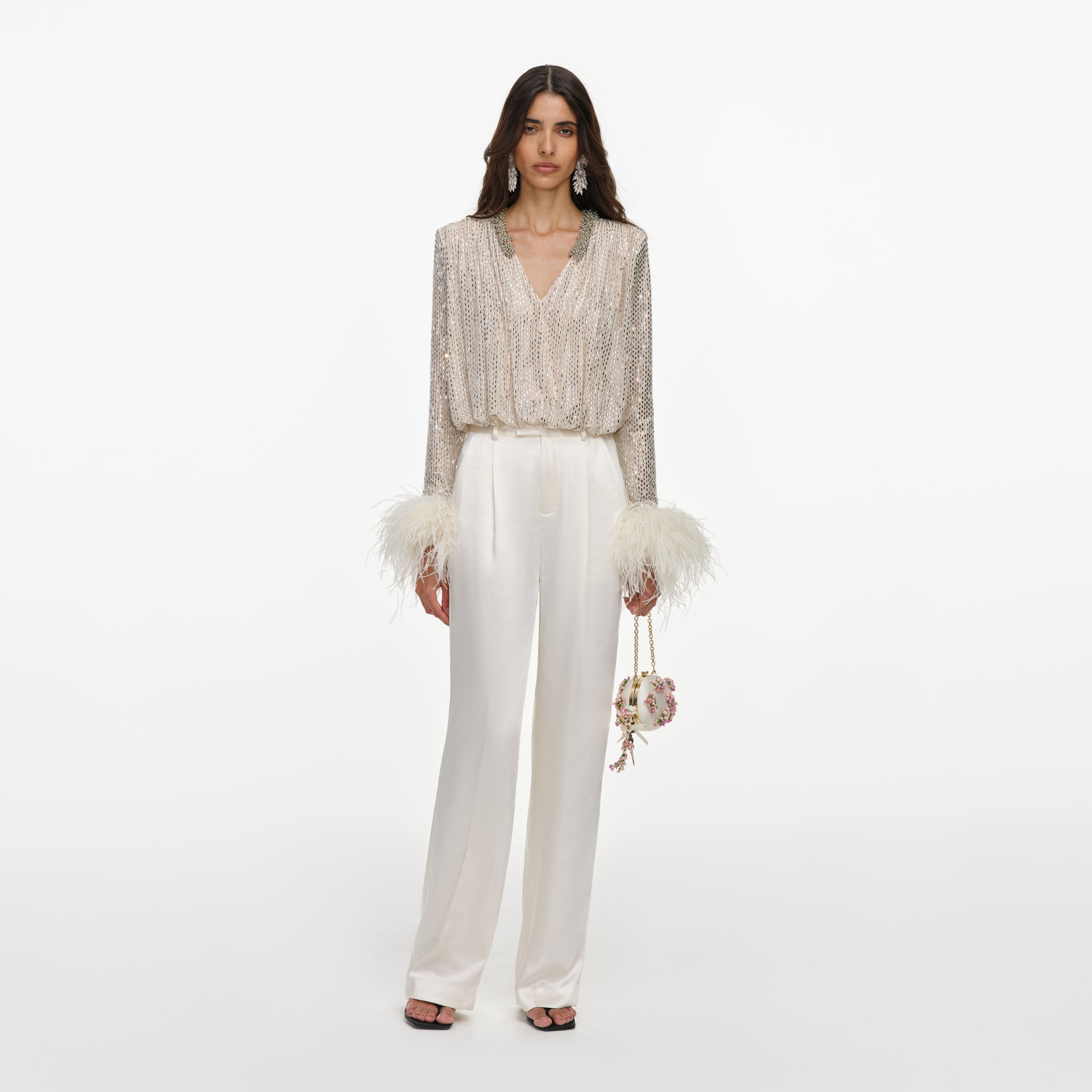 Self Portrait Champagne Feather Top champagner