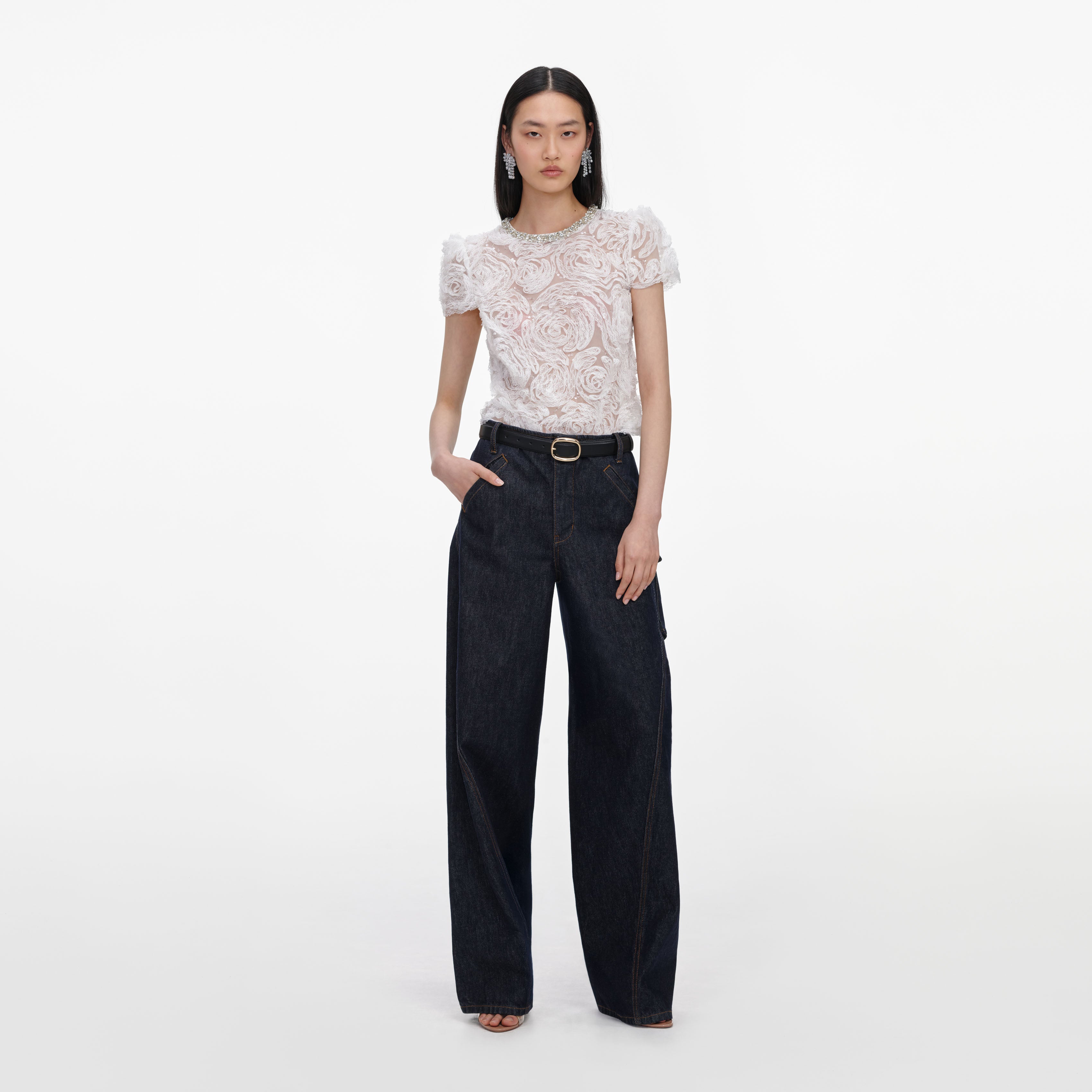 Self Portrait White Tulle Lace Top Weiß Perlen