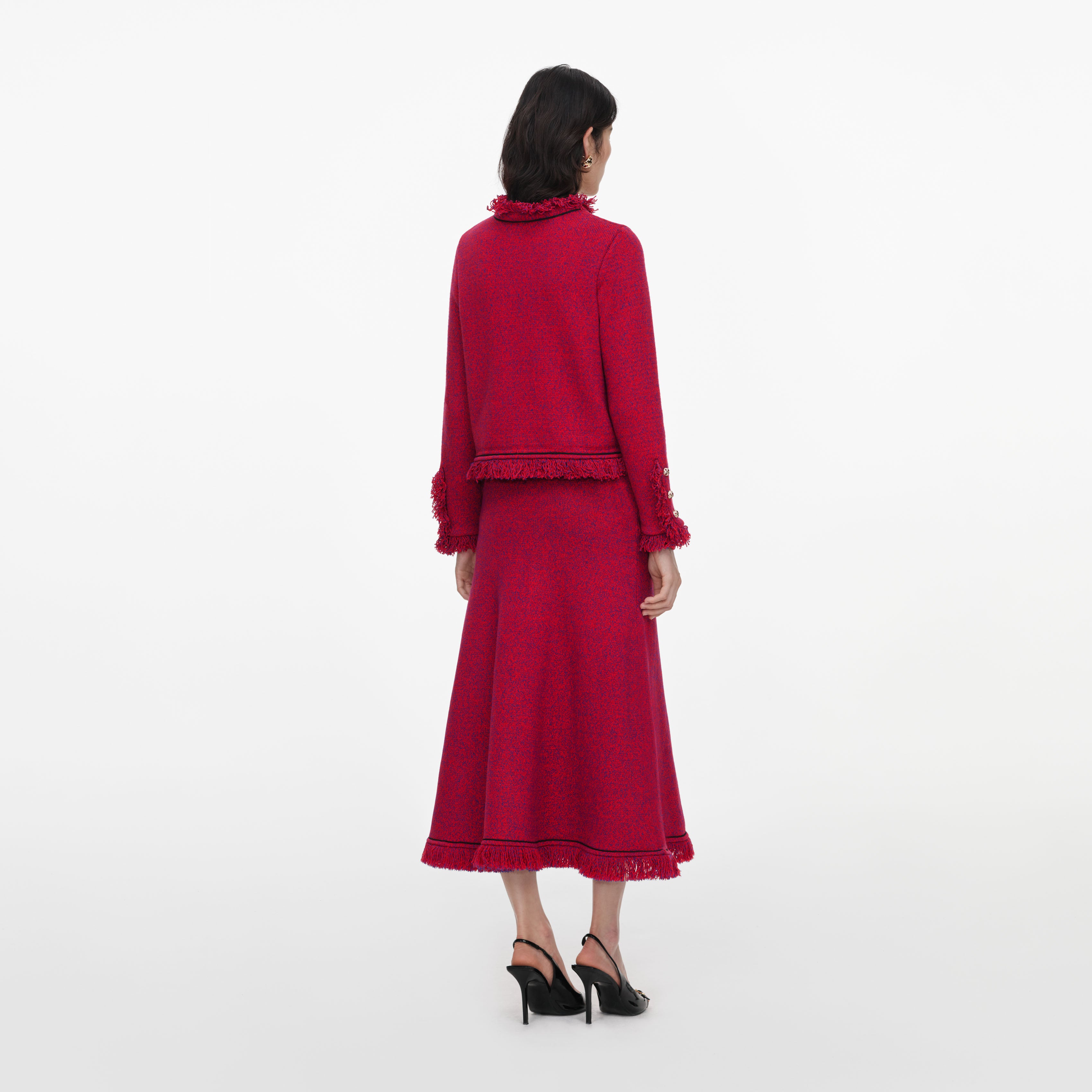 Self Portrait Red Frayed Strickrock Midi Rot
