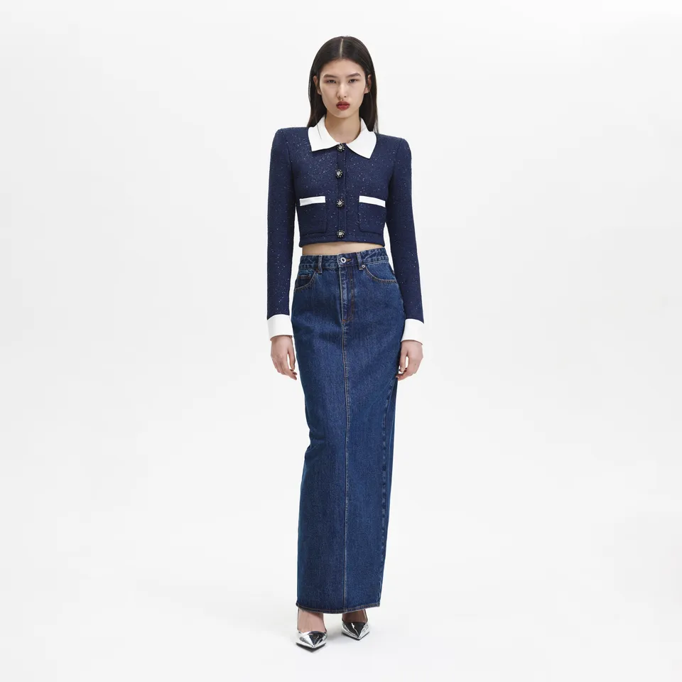Self Portrait Blue Denim Maxi Skirt Jeansrock Blau UK 8