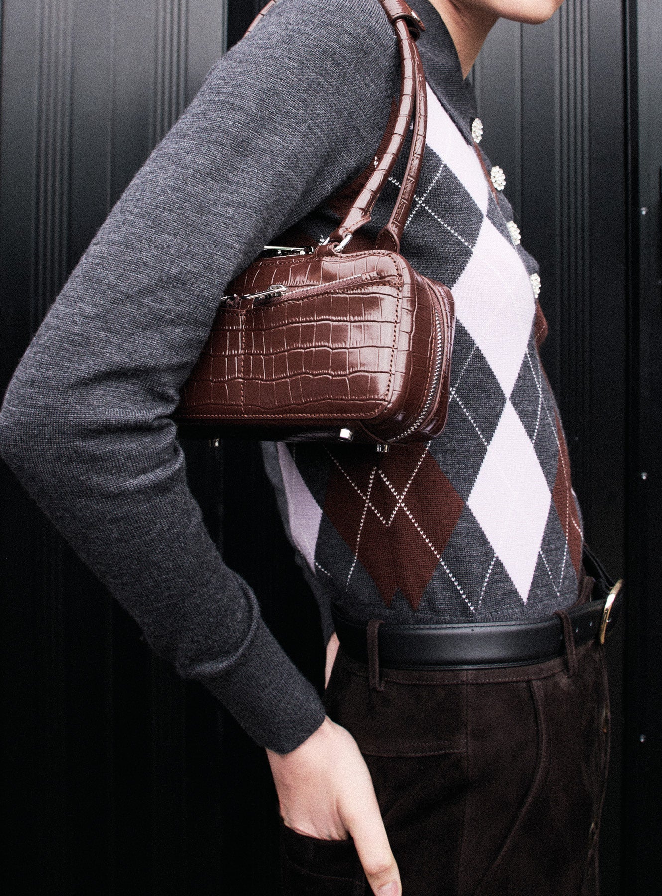 Self-Portrait Handbags Brown Croc Mini Schultertasche Braun Leder