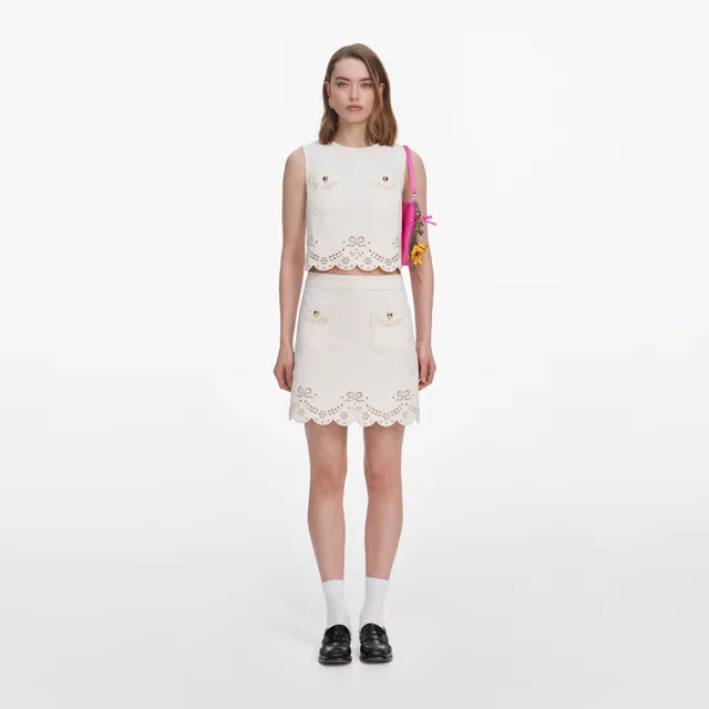 Self Portrait Denim Cream Broderie Denim Mini Rock Creme Stickerei