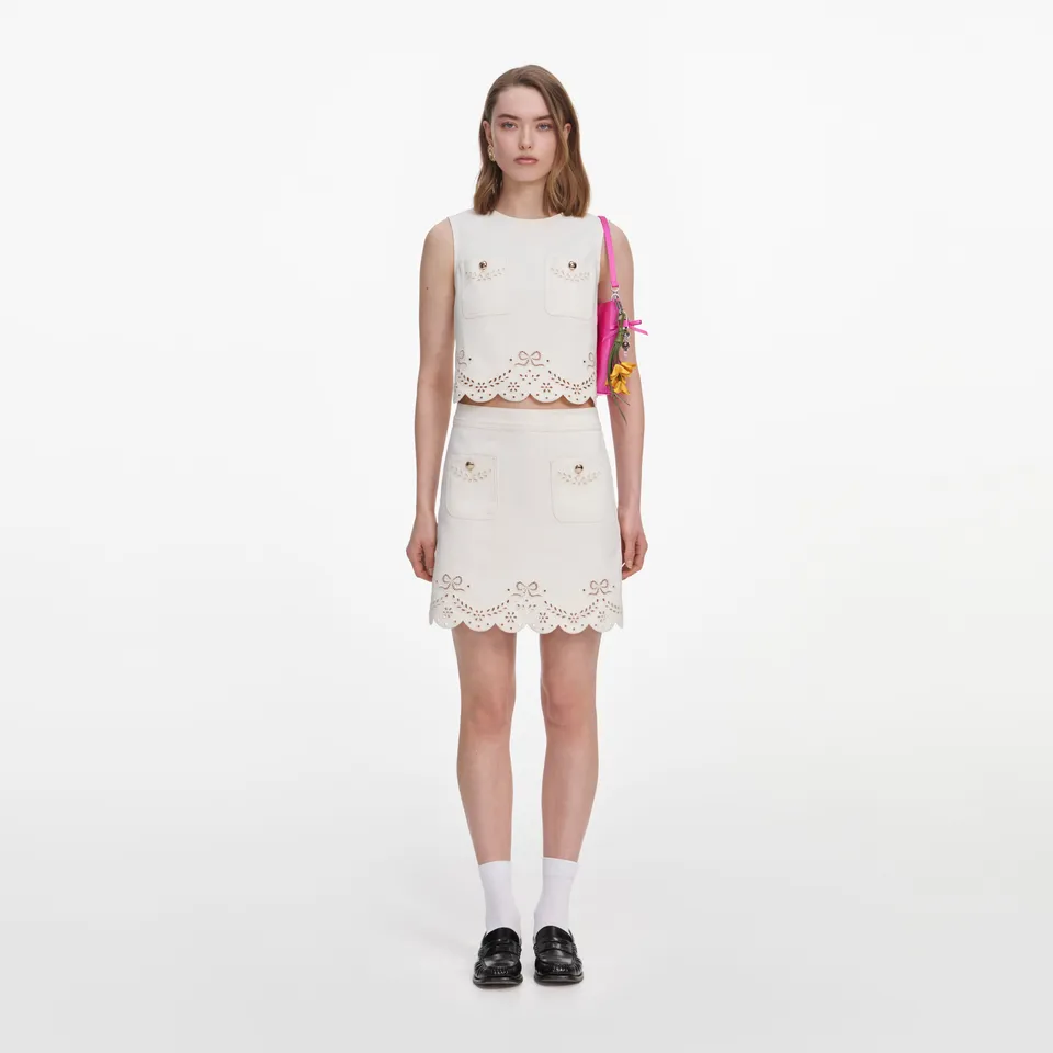 Self Portrait Denim Cream Broderie Denim Mini Rock Creme Stickerei
