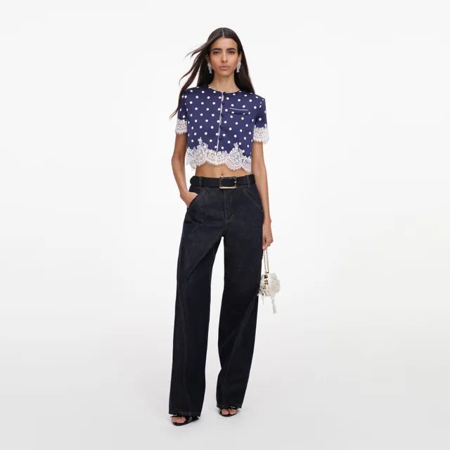 Self Portrait Navy Polka Dot Satin Top blau UK 8