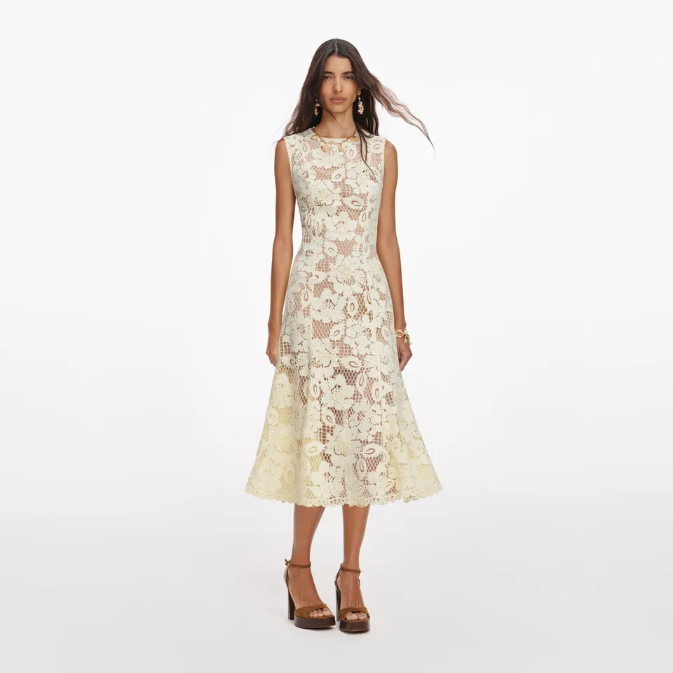 Self Portrait Yellow Crochet Lace Midi Dress Midikleid Gelb