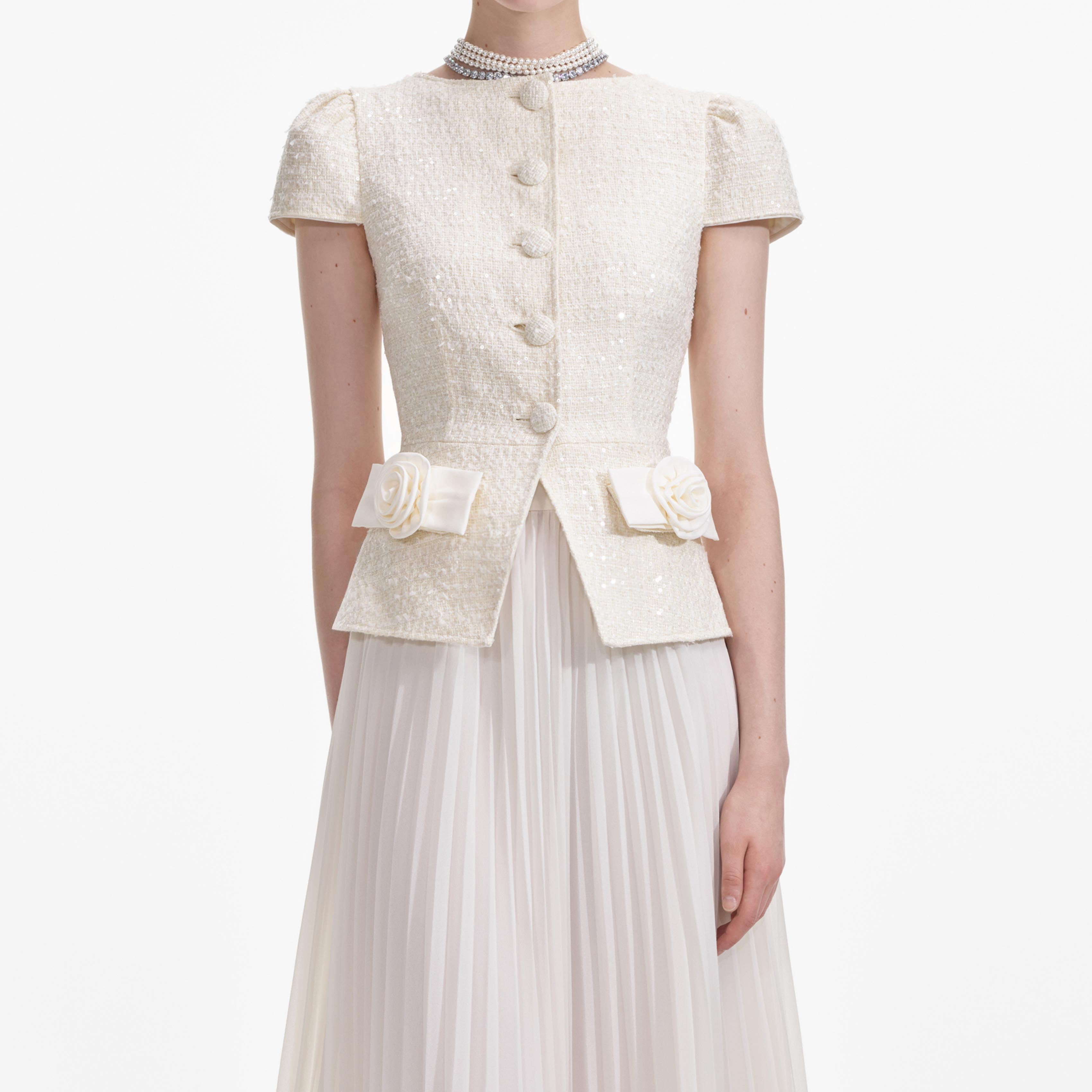 Self Portrait Boucle Midikleid Creme Schleife plissiert