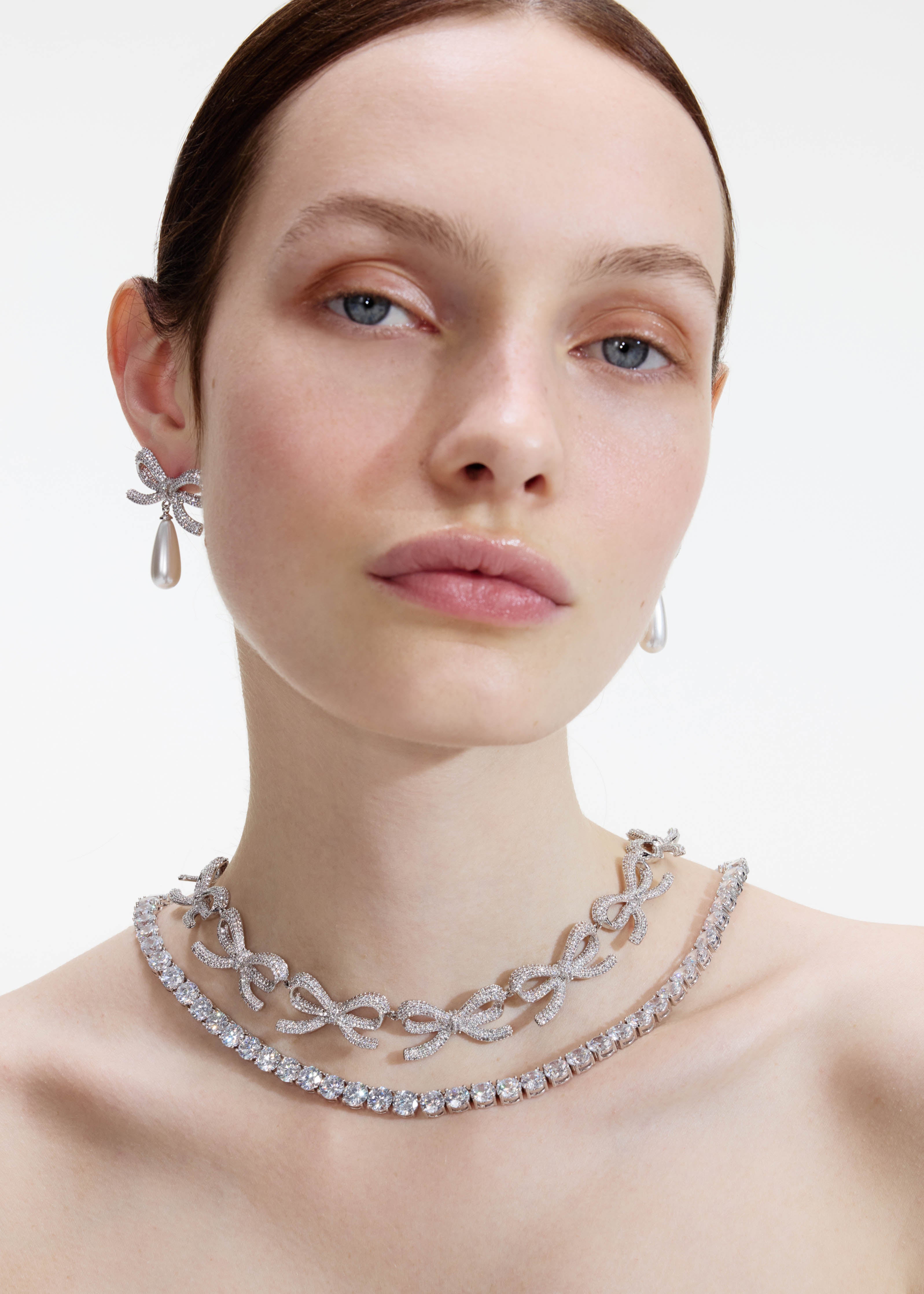 Self Portrait Crystal Bows Diamante Necklace Kette Silber