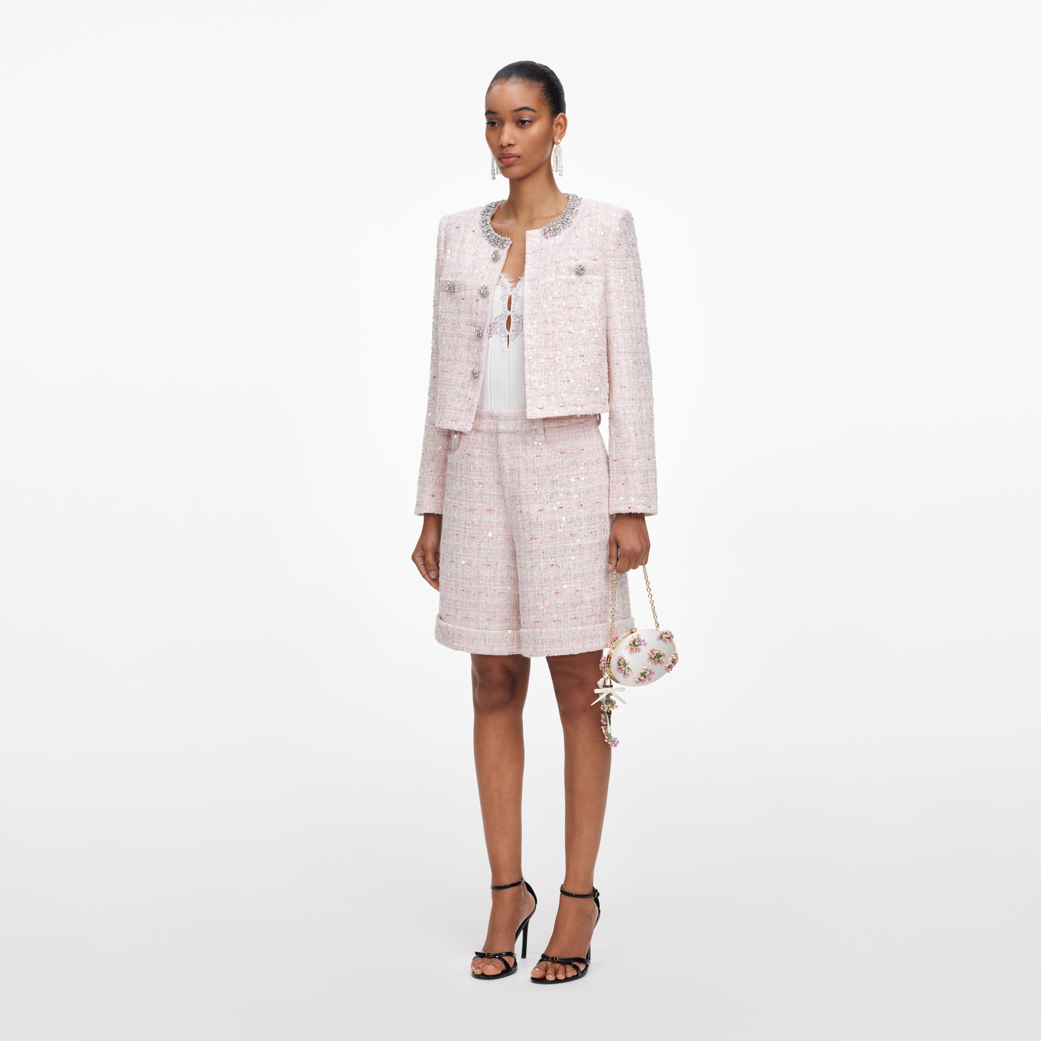 Self Portrait Pink Sequin Boucle Shorts Rosa