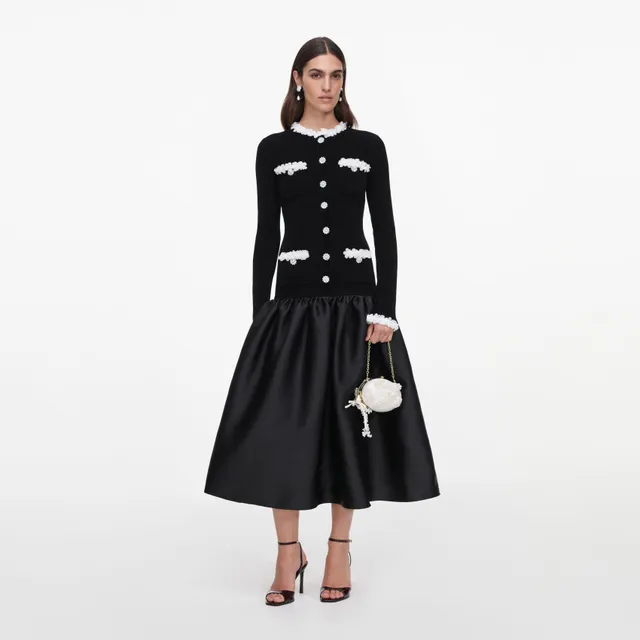 Self Portrait Black Chenille Taffeta Midi Kleid Schwarz