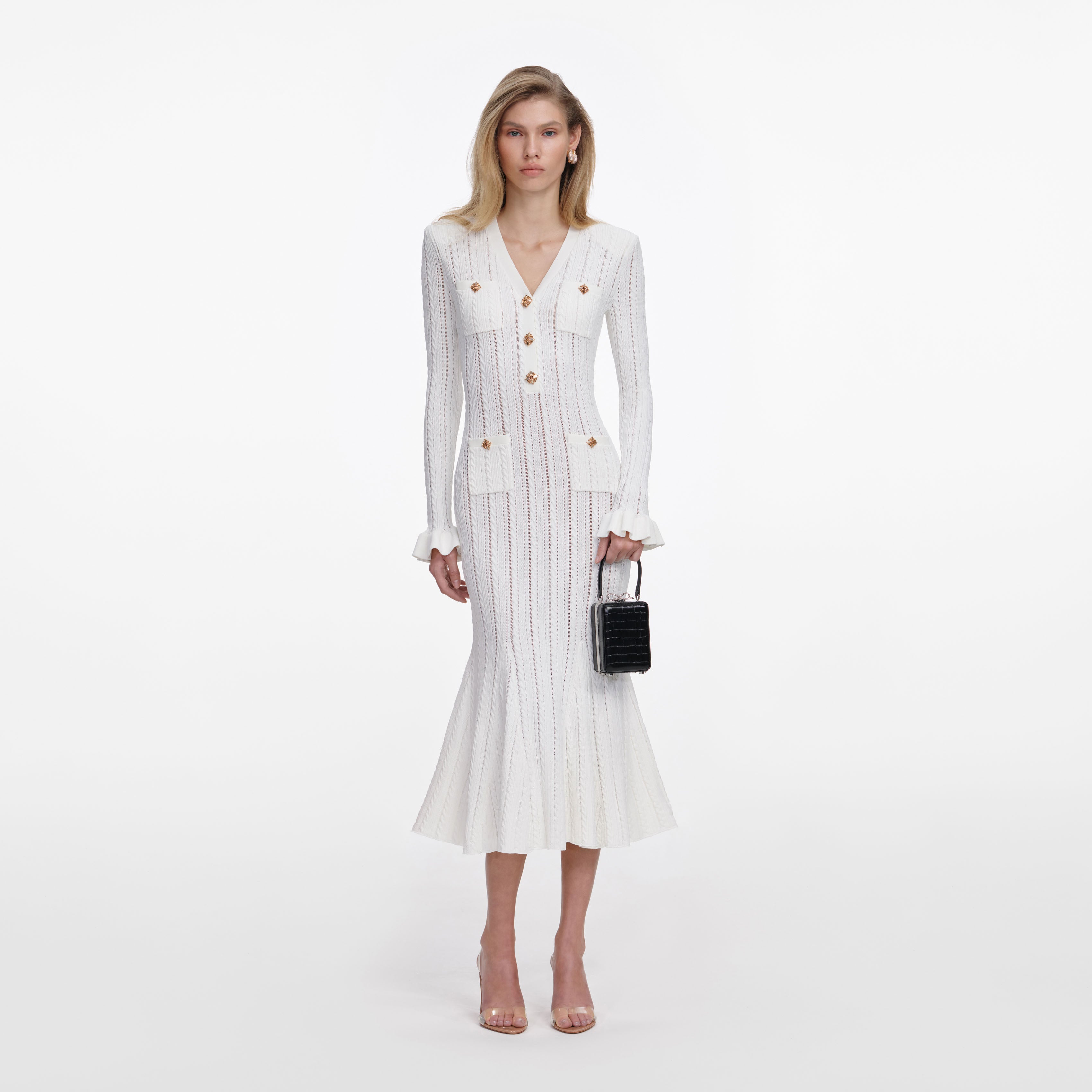Self Portrait White Pointelle Knit Midi Kleid Weiß