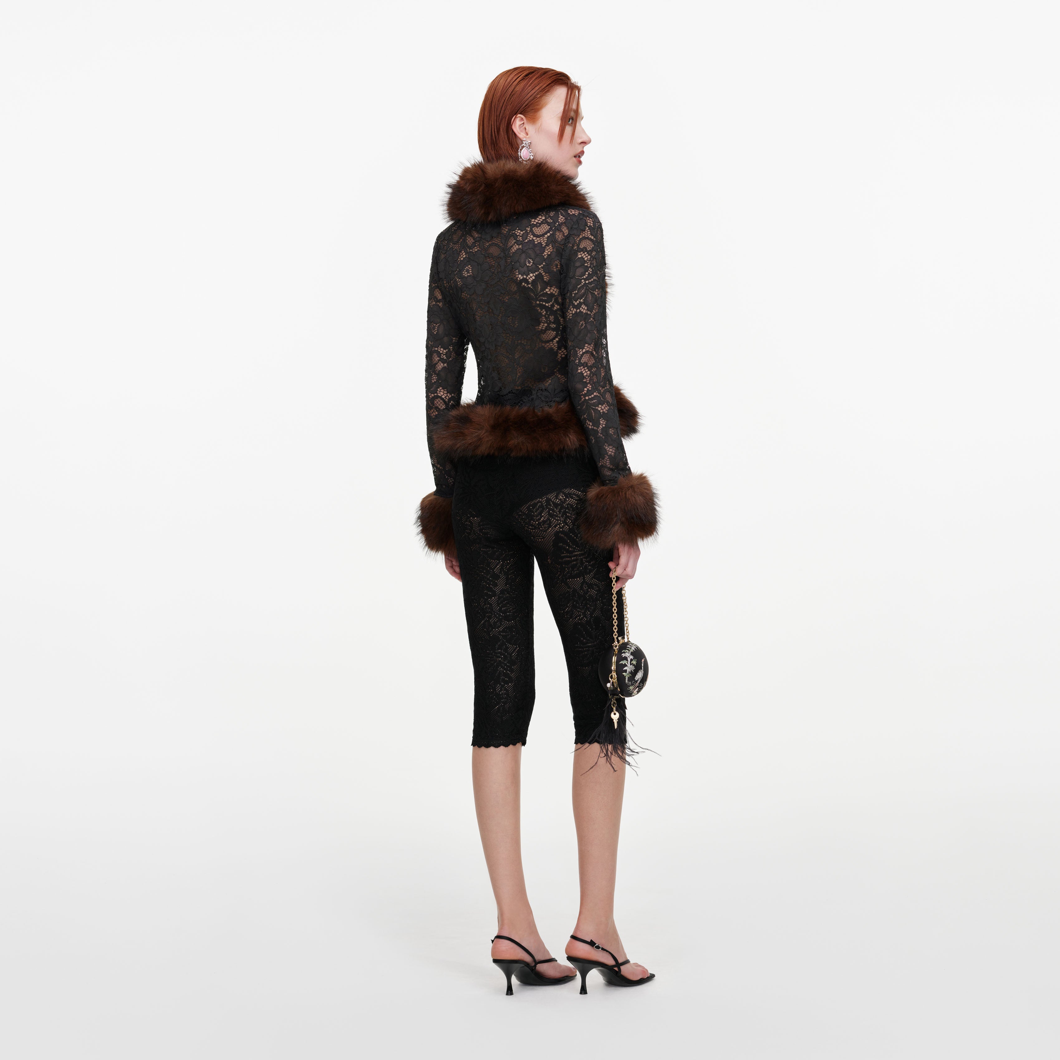 Self Portrait Tops Grey Lace Fur Collar Top grau