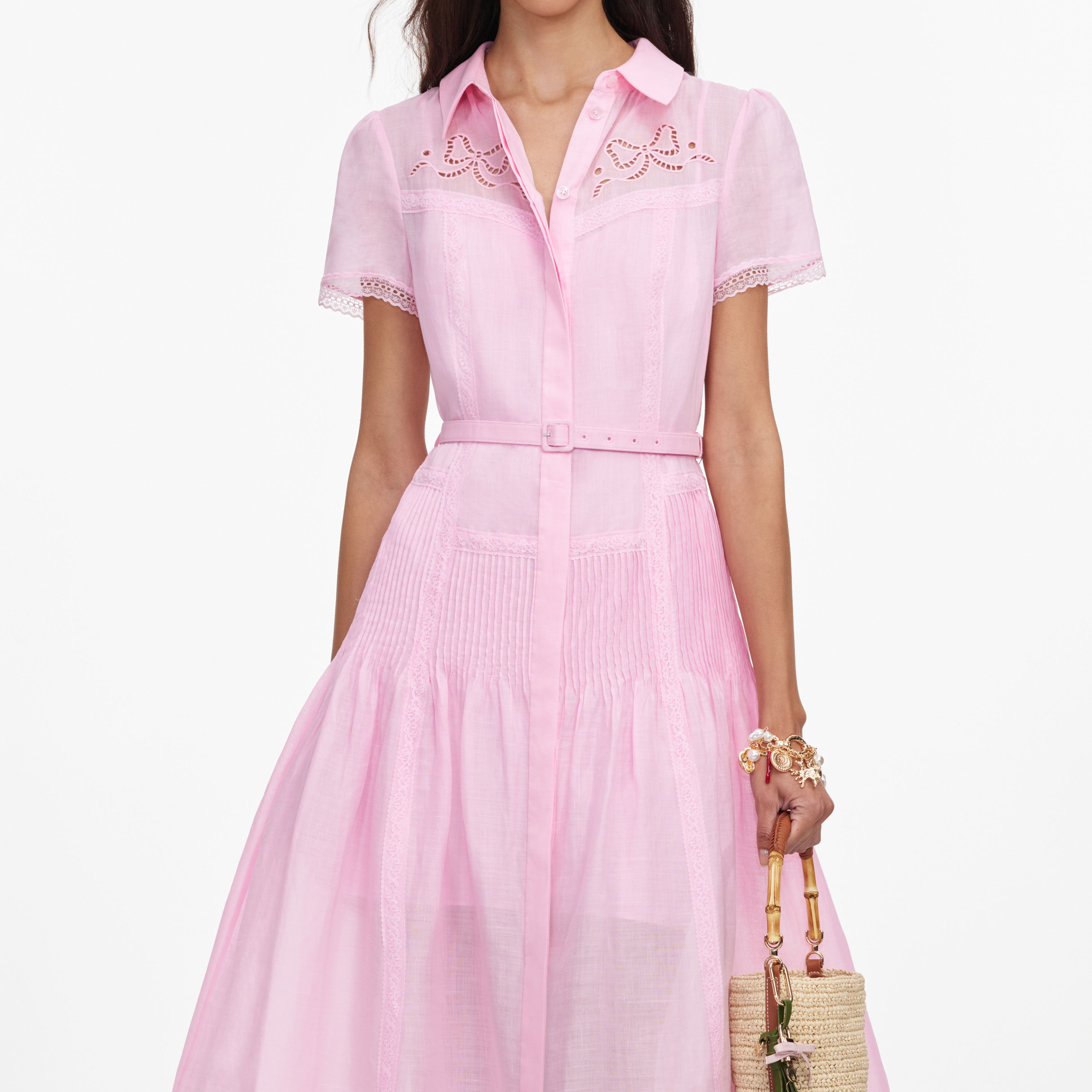 Self Portrait Embroidered Midi Kleid Pink Leinen Stickerei