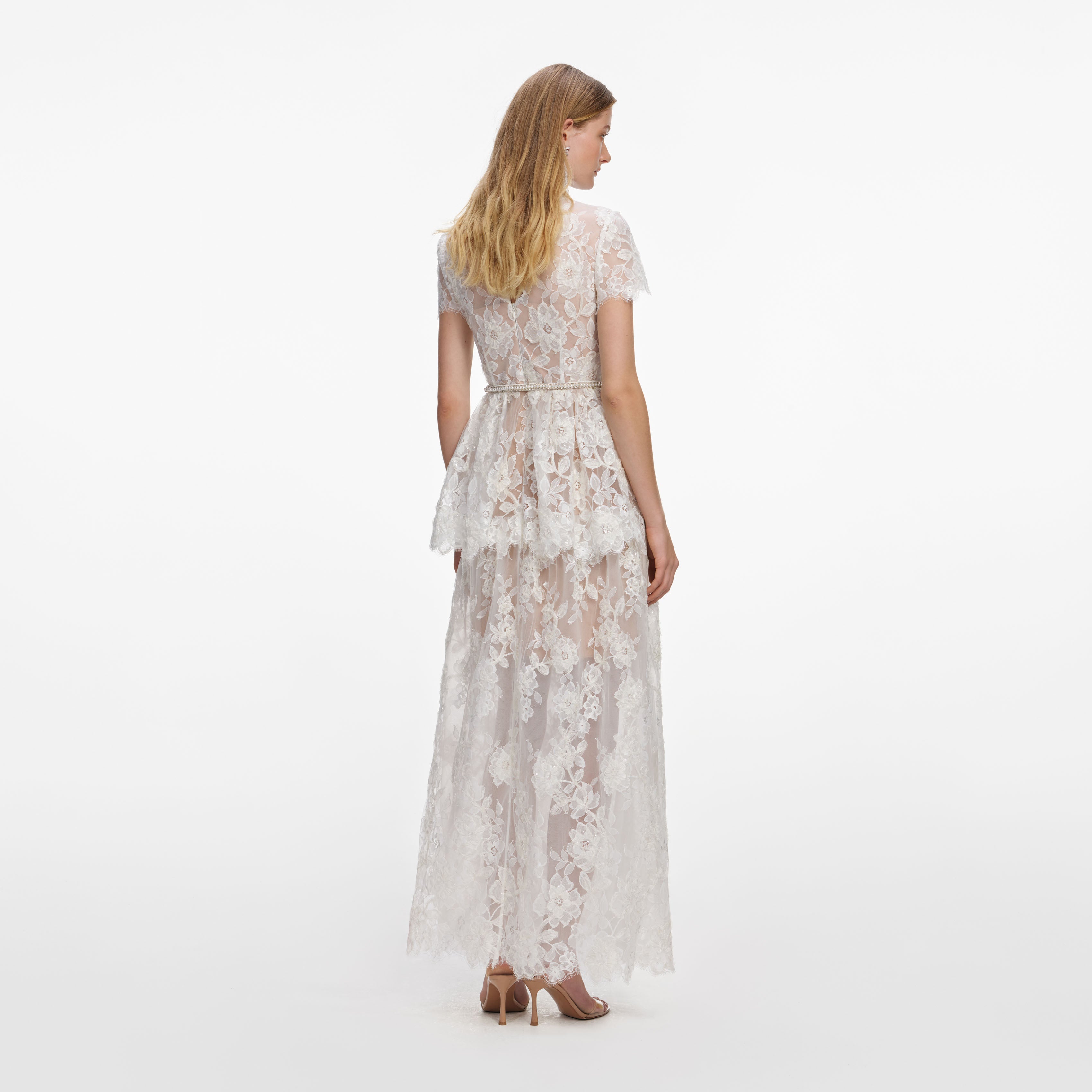 Self Portrait Sequin Lace Maxi Kleid Weiß Spitze
