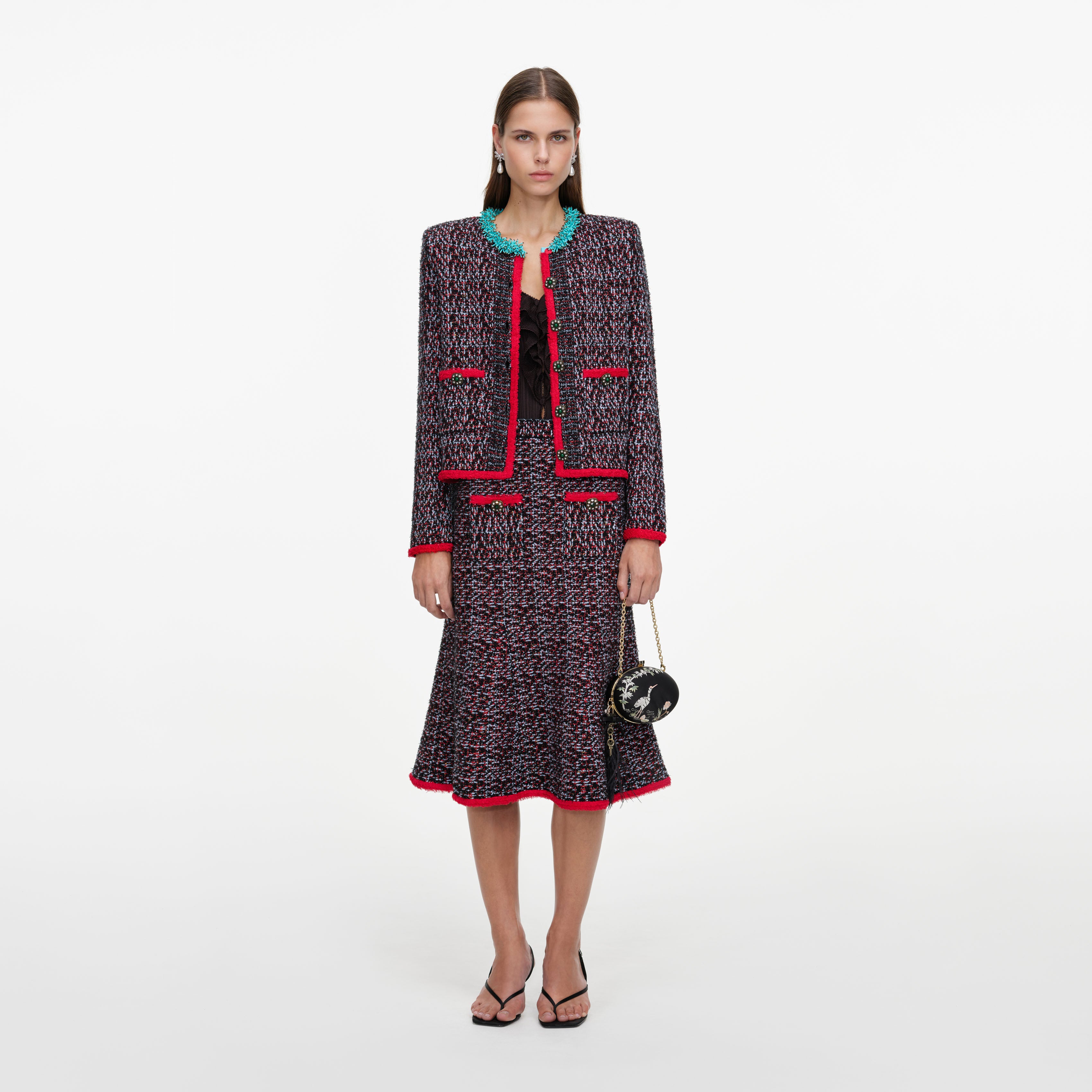 Self Portrait Multi Textured Knit Cardigan Multi Rot