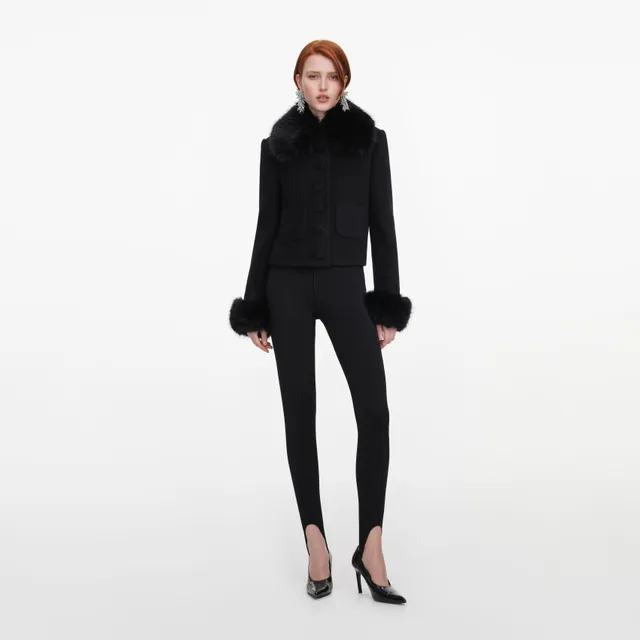 Self Portrait Black Wool Fur Cuff Jacke Schwarz UK 6