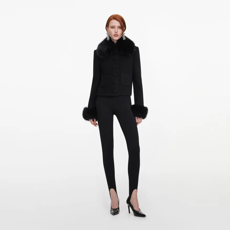 Self Portrait Black Wool Fur Cuff Jacke Schwarz UK 6